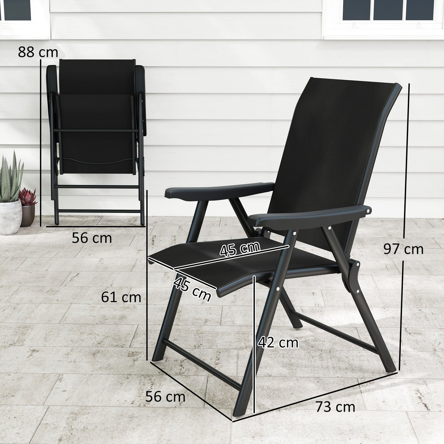 Set of 2 Folding Chair, Garden Chair Set with Breathable Mesh Back and Seat, Outdoor Camping Chairs with Armrests, Steel Frame for Deck Balcony, Black