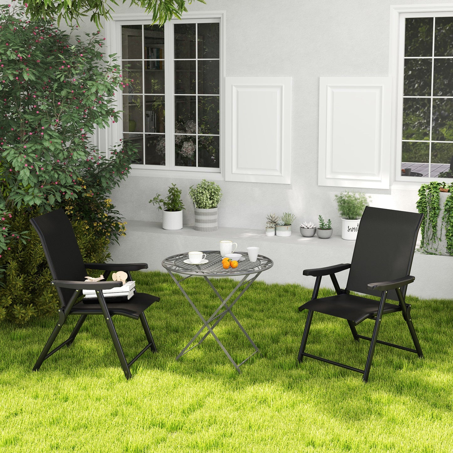 Set of 2 Folding Chair, Garden Chair Set with Breathable Mesh Back and Seat, Outdoor Camping Chairs with Armrests, Steel Frame for Deck Balcony, Black