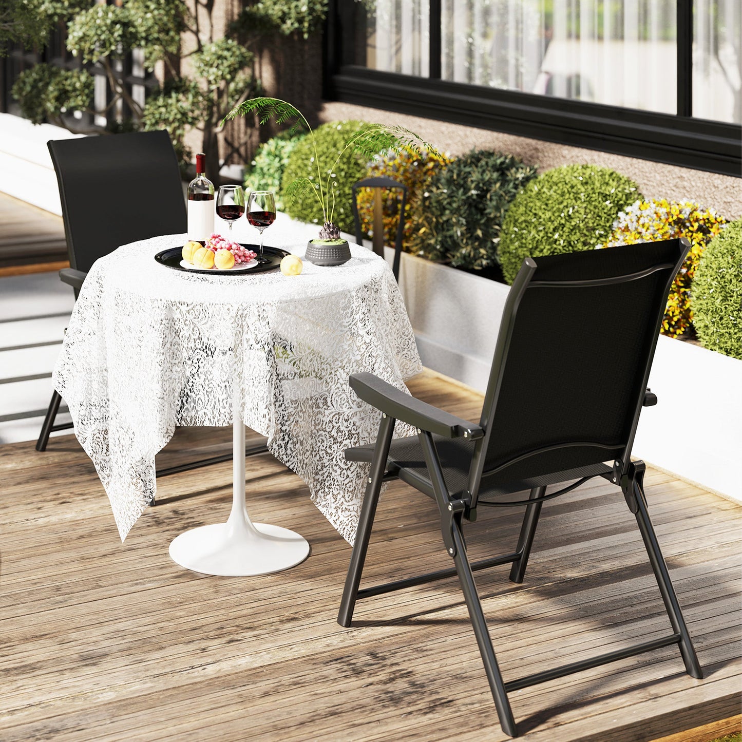 Set of 2 Folding Chair, Garden Chair Set with Breathable Mesh Back and Seat, Outdoor Camping Chairs with Armrests, Steel Frame for Deck Balcony, Black