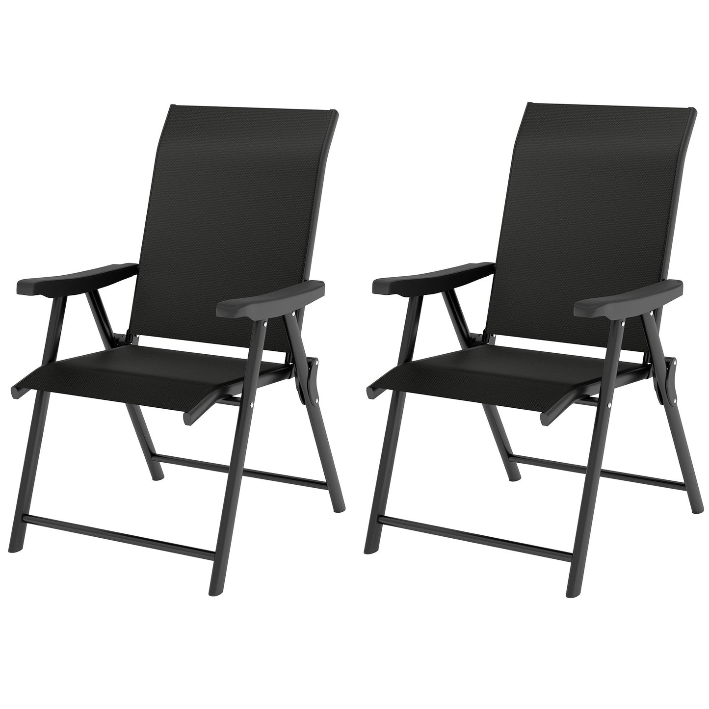 Set of 2 Folding Chair, Garden Chair Set with Breathable Mesh Back and Seat, Outdoor Camping Chairs with Armrests, Steel Frame for Deck Balcony, Black