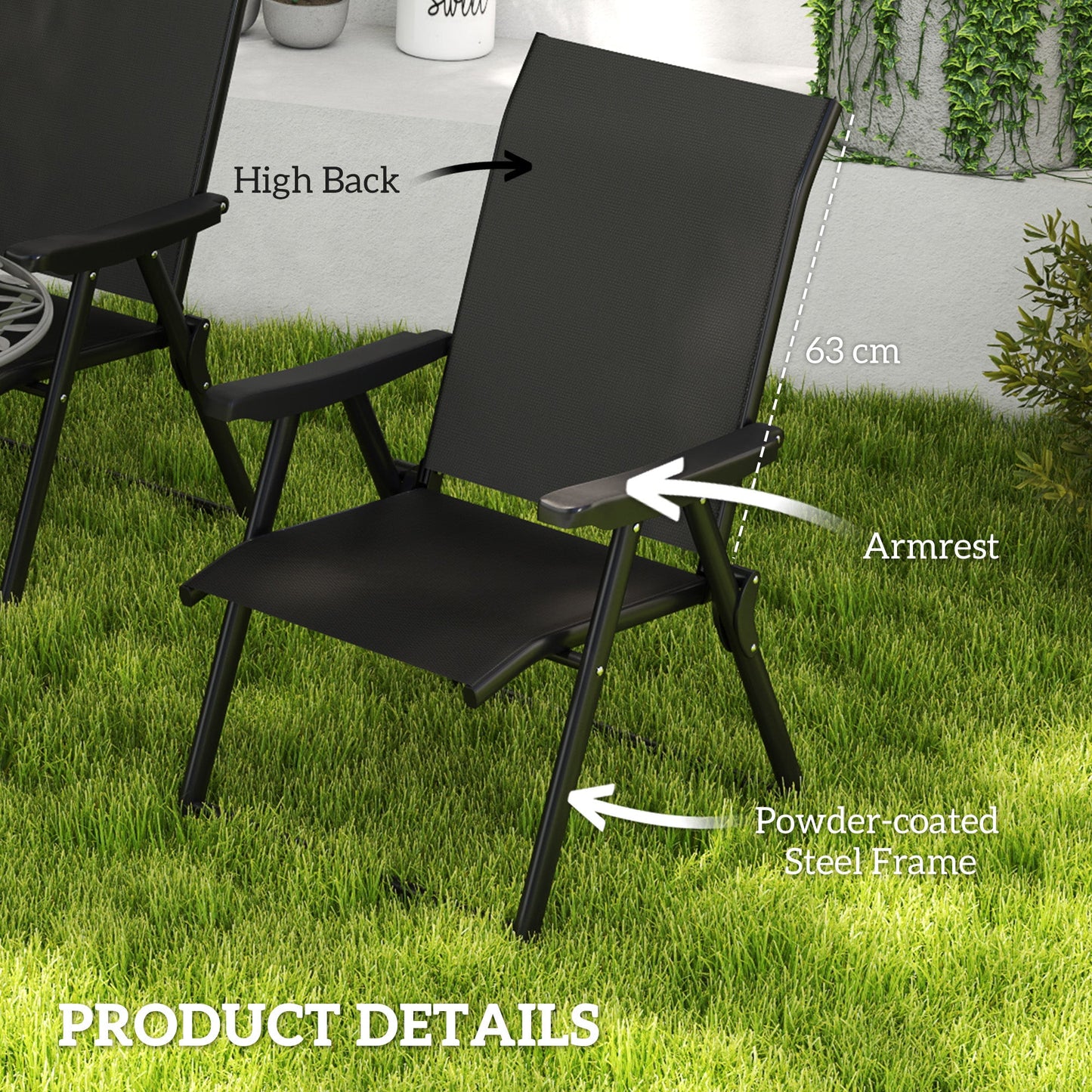 Set of 2 Folding Chair, Garden Chair Set with Breathable Mesh Back and Seat, Outdoor Camping Chairs with Armrests, Steel Frame for Deck Balcony, Black