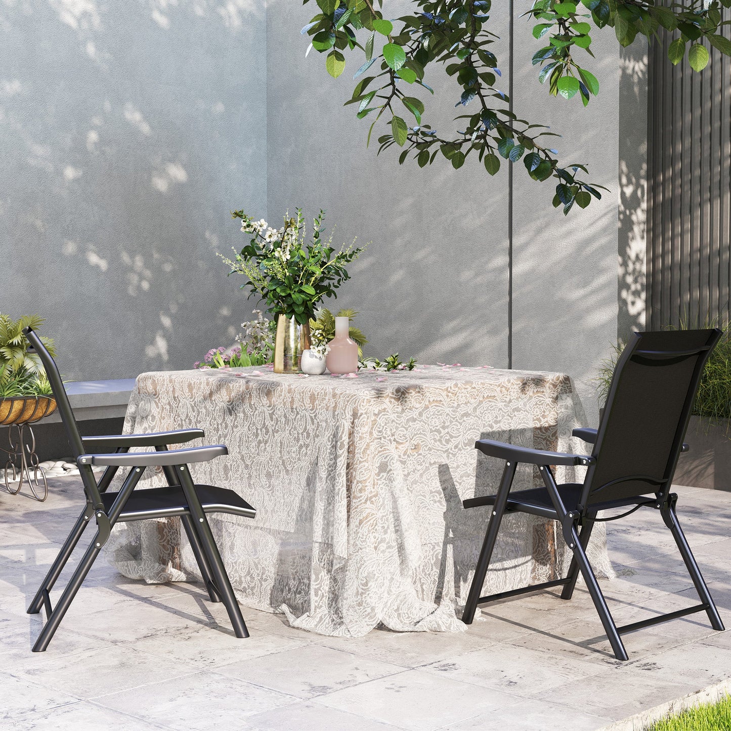Set of 2 Folding Chair, Garden Chair Set with Breathable Mesh Back and Seat, Outdoor Camping Chairs with Armrests, Steel Frame for Deck Balcony, Black