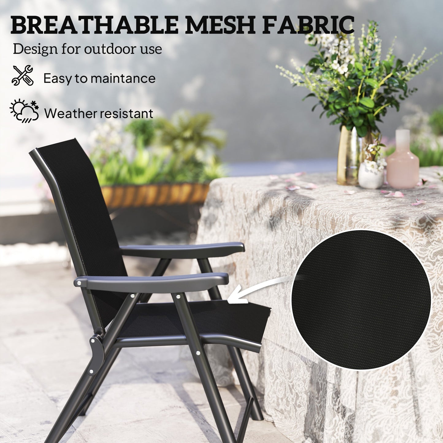 Set of 2 Folding Chair, Garden Chair Set with Breathable Mesh Back and Seat, Outdoor Camping Chairs with Armrests, Steel Frame for Deck Balcony, Black