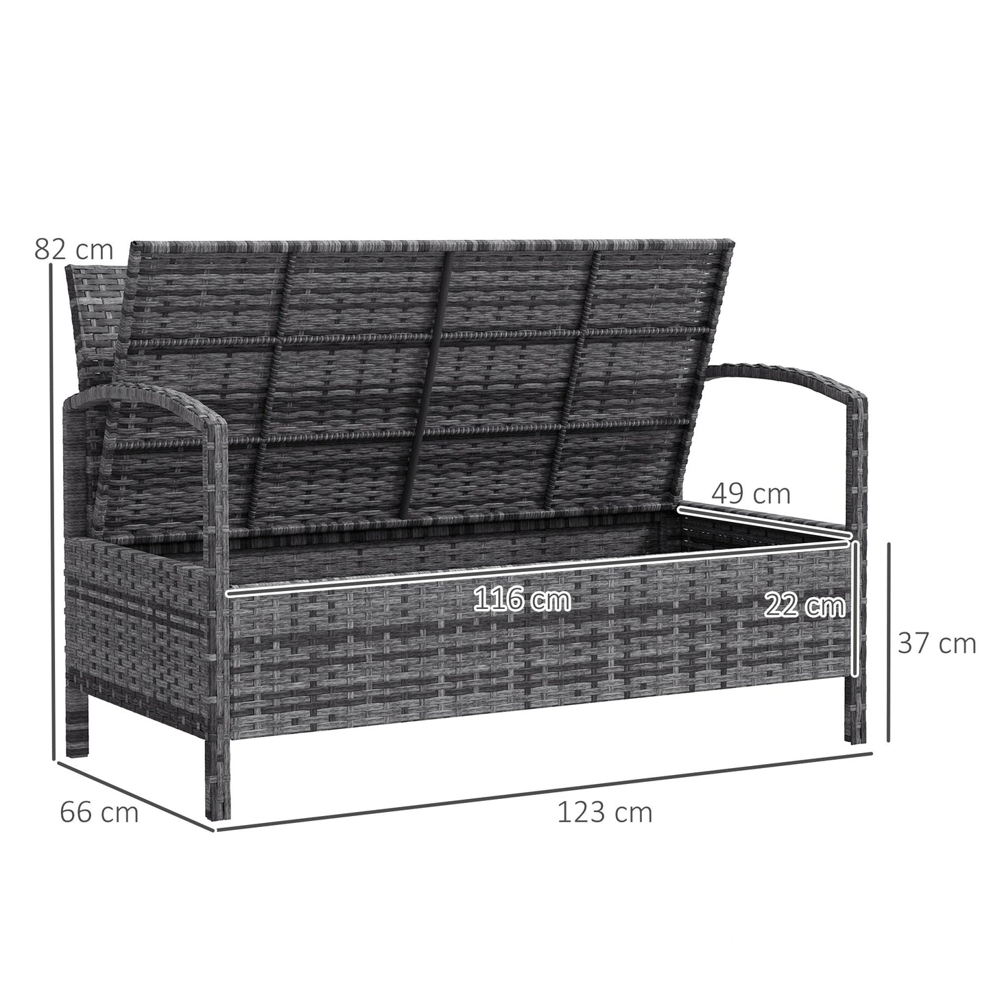 Garden Storage Bench with 125L Capacity, 2 Seater PE Rattan Garden Bench with Storage, Cushion, Wicker Outdoor Bench Loveseat with Steel Frame for Patio, Grey