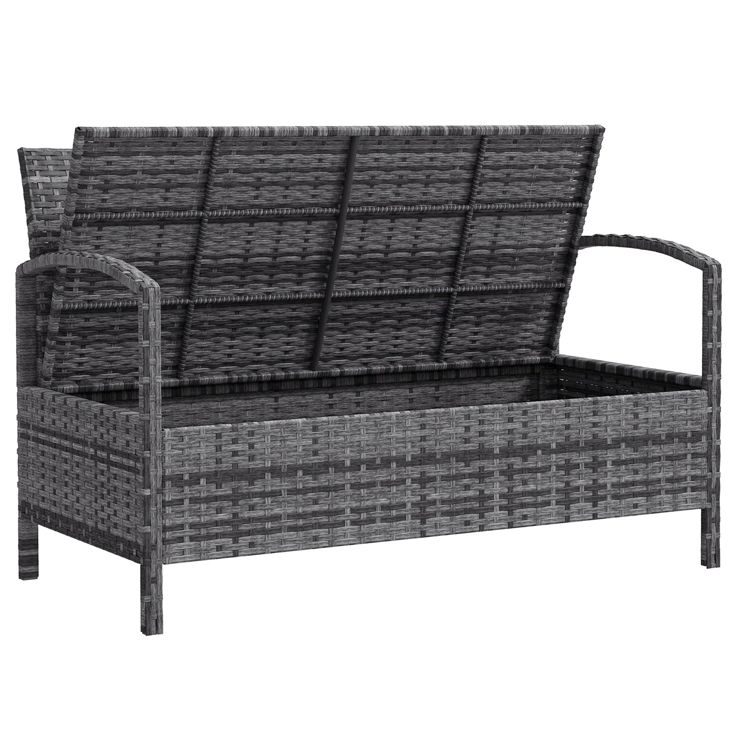 Garden Storage Bench with 125L Capacity, 2 Seater PE Rattan Garden Bench with Storage, Cushion, Wicker Outdoor Bench Loveseat with Steel Frame for Patio, Grey