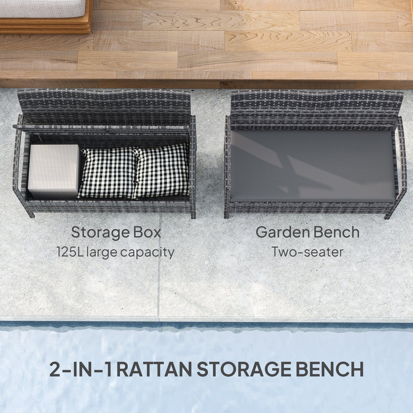 Garden Storage Bench with 125L Capacity, 2 Seater PE Rattan Garden Bench with Storage, Cushion, Wicker Outdoor Bench Loveseat with Steel Frame for Patio, Grey