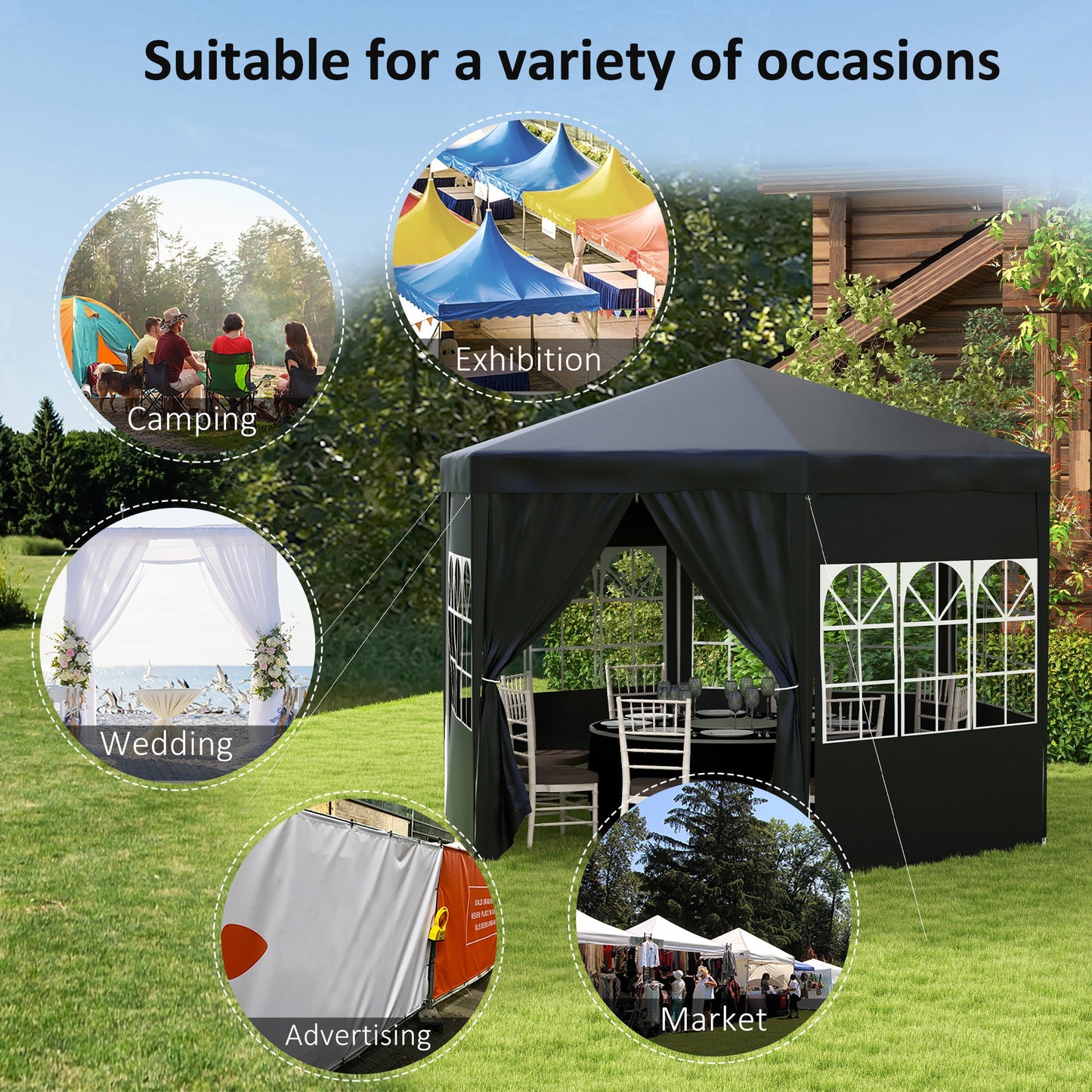 4m Hexagonal Gazebo Canopy Party Tent with 6 Removable Side Walls for Outdoor Event with Windows and Doors, Black