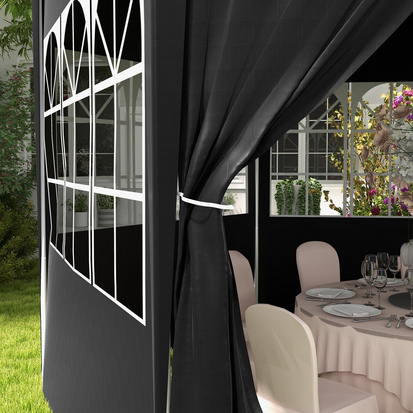 4m Hexagonal Gazebo Canopy Party Tent with 6 Removable Side Walls for Outdoor Event with Windows and Doors, Black
