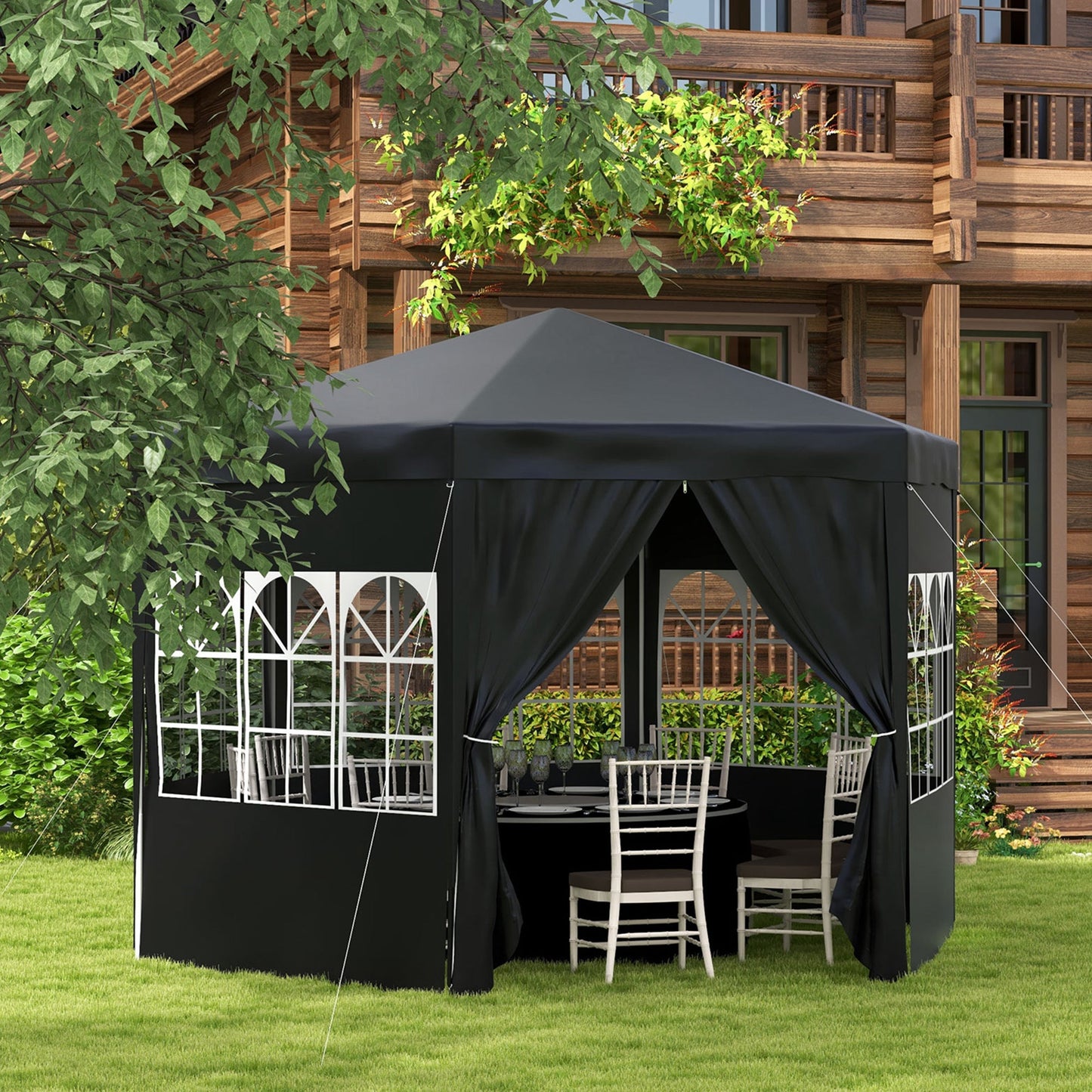 4m Hexagonal Gazebo Canopy Party Tent with 6 Removable Side Walls for Outdoor Event with Windows and Doors, Black