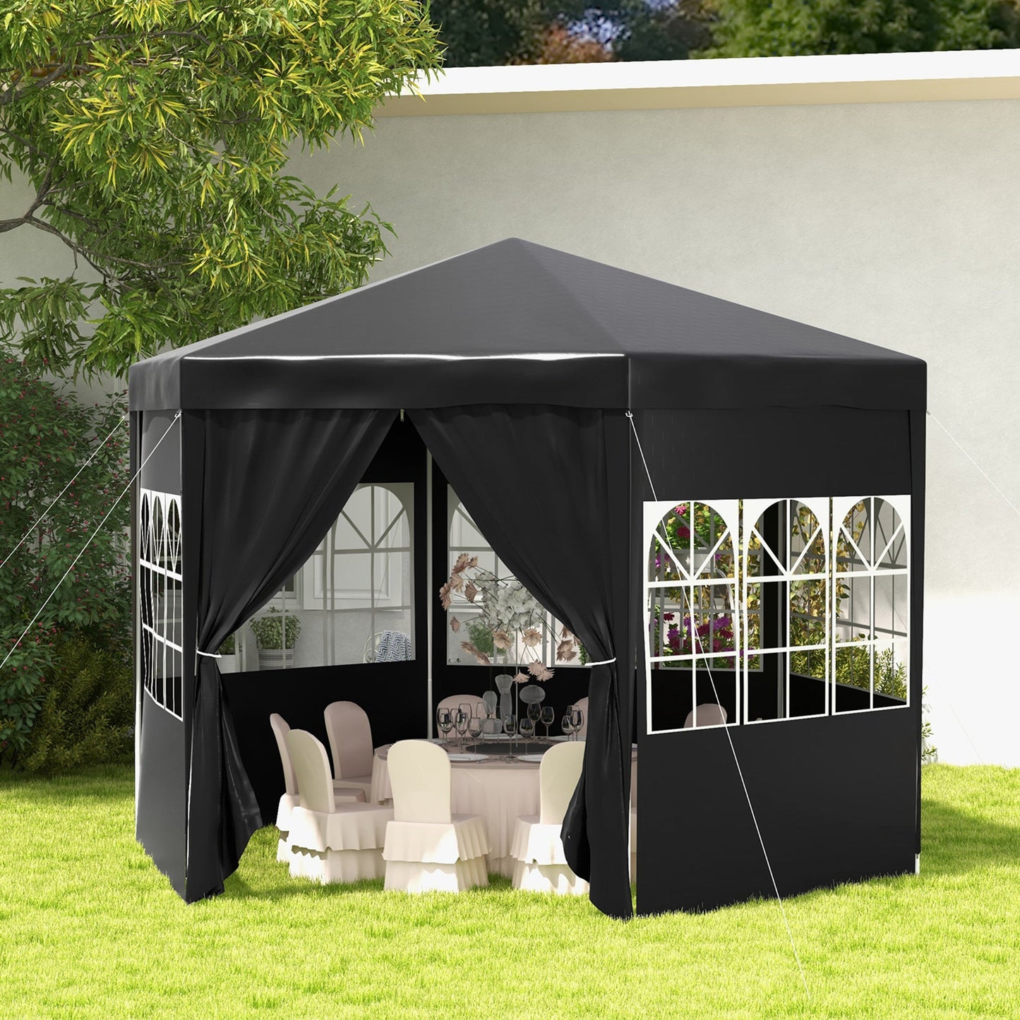 4m Hexagonal Gazebo Canopy Party Tent with 6 Removable Side Walls for Outdoor Event with Windows and Doors, Black