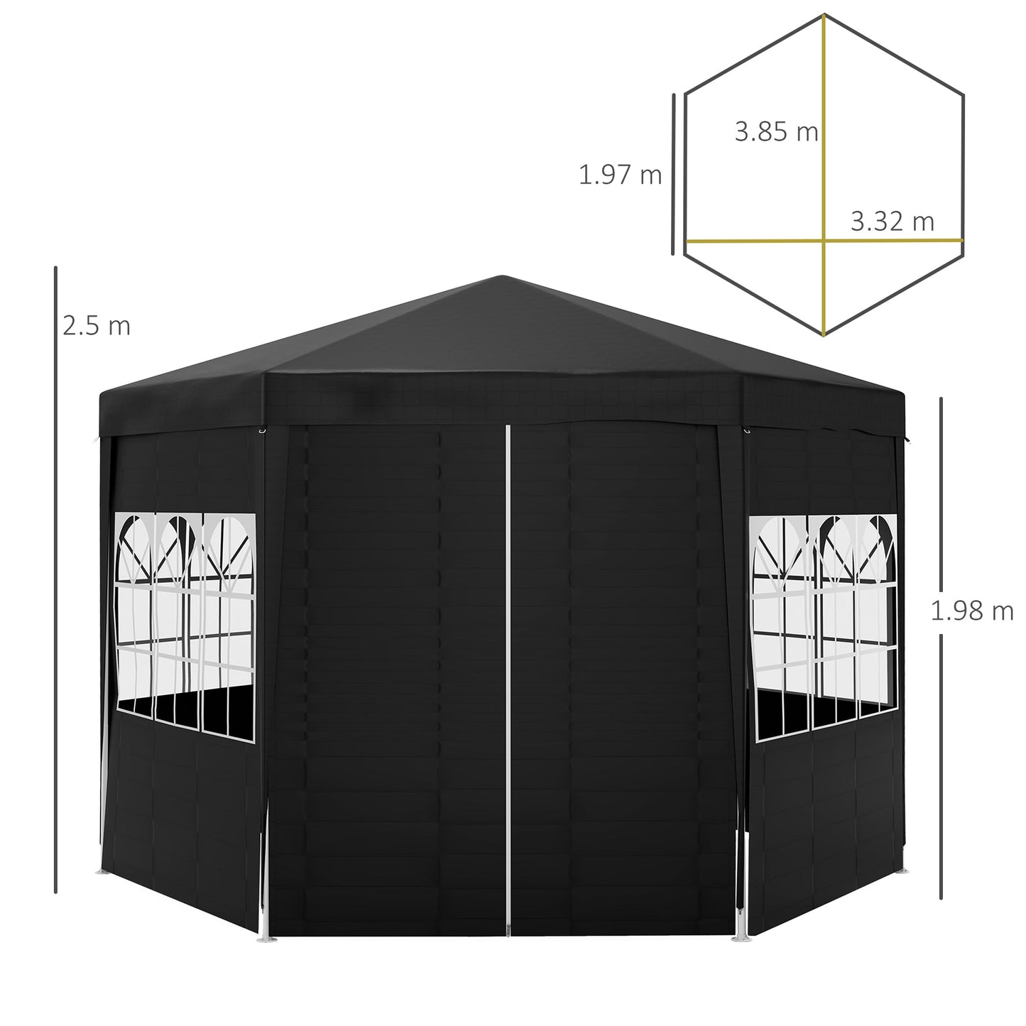 4m Hexagonal Gazebo Canopy Party Tent with 6 Removable Side Walls for Outdoor Event with Windows and Doors, Black