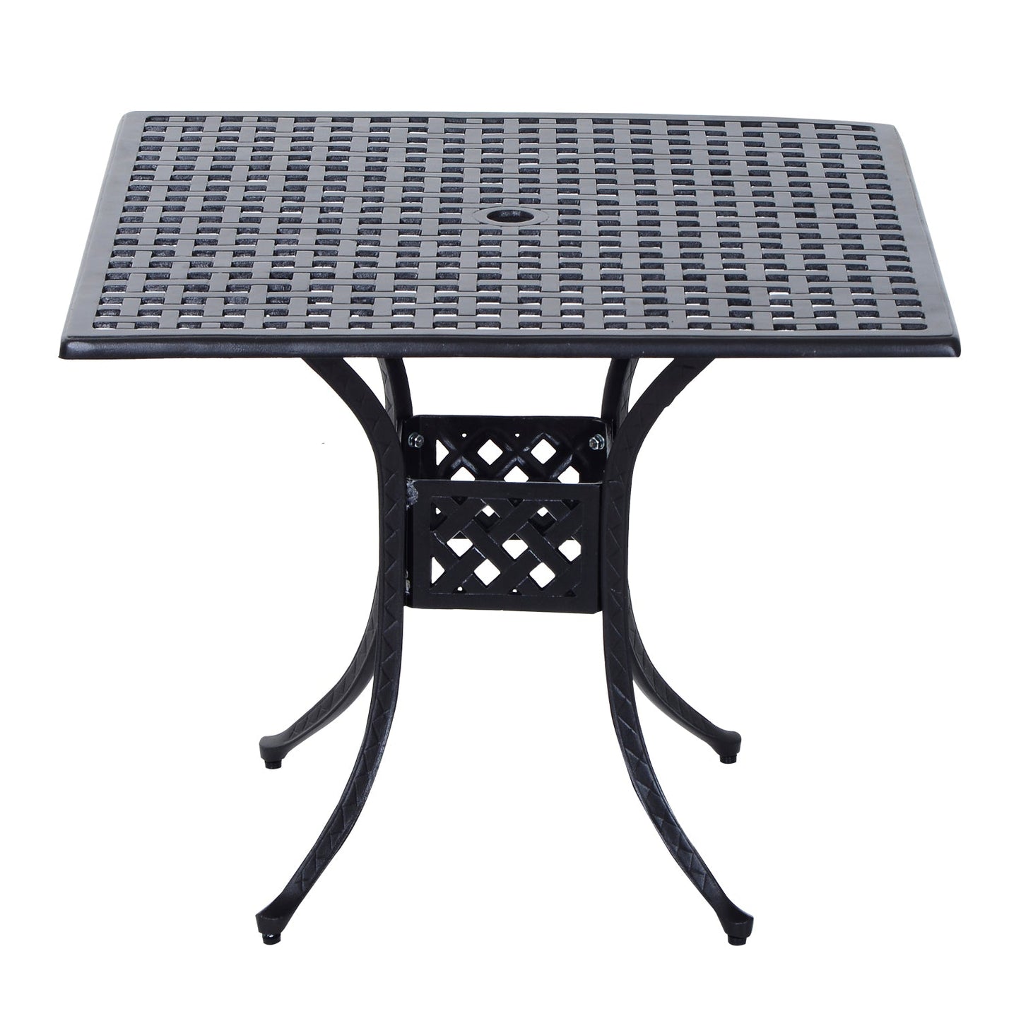 90 x 90cm Square Garden Dining Table with 46.5mm Dia. Umbrella Hole, Cast Aluminium Outdoor Dining Table, Grid Motif Outdoor Table for Garden, Patio, Porch, Black
