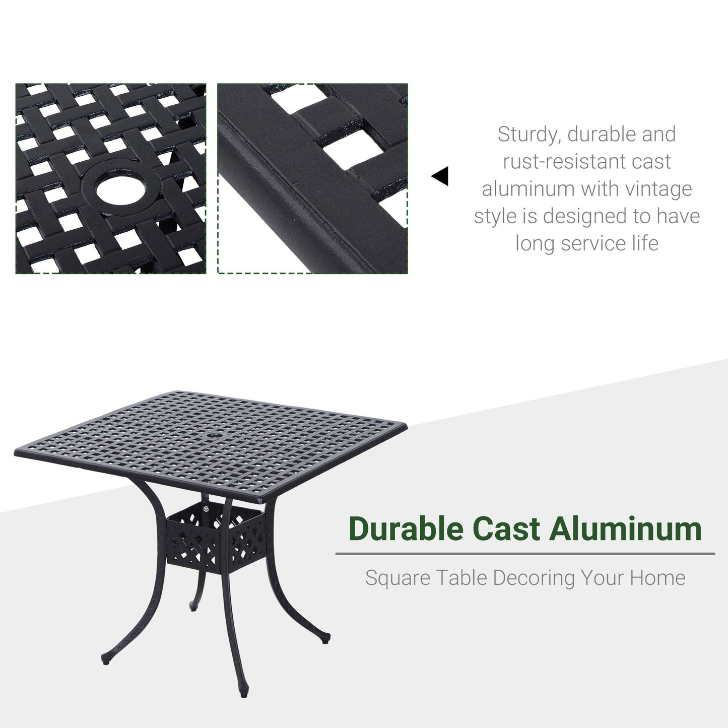 90 x 90cm Square Garden Dining Table with 46.5mm Dia. Umbrella Hole, Cast Aluminium Outdoor Dining Table, Grid Motif Outdoor Table for Garden, Patio, Porch, Black