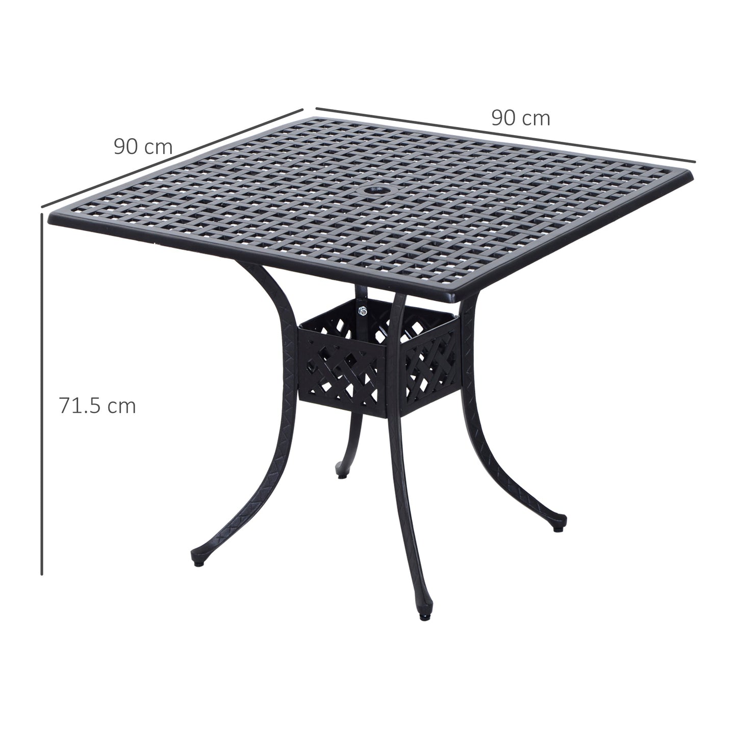 90 x 90cm Square Garden Dining Table with 46.5mm Dia. Umbrella Hole, Cast Aluminium Outdoor Dining Table, Grid Motif Outdoor Table for Garden, Patio, Porch, Black
