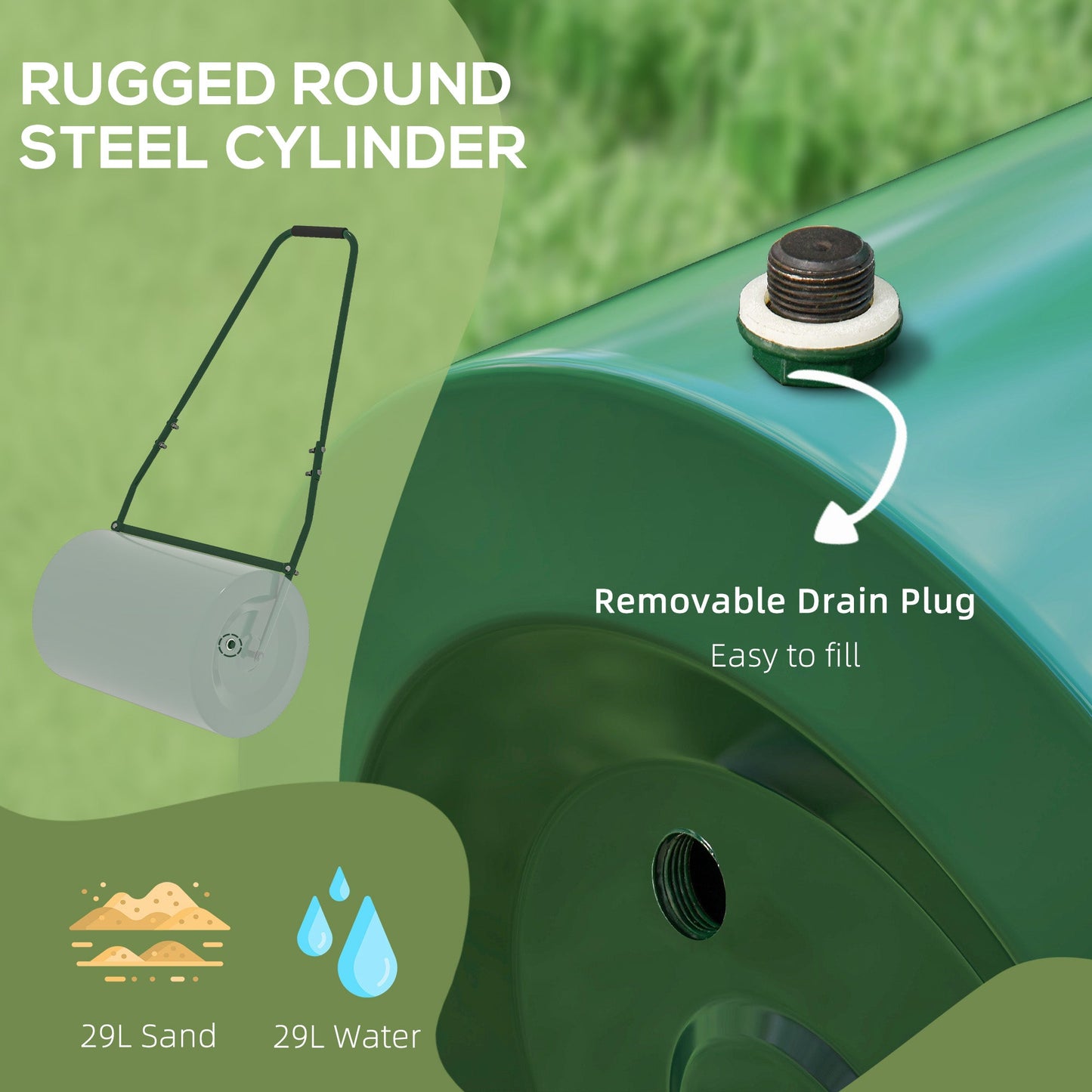 63 L Heavy Duty Water Or Sand Filled Φ30cm Garden Steel Lawn Roller Drum - Dark Green