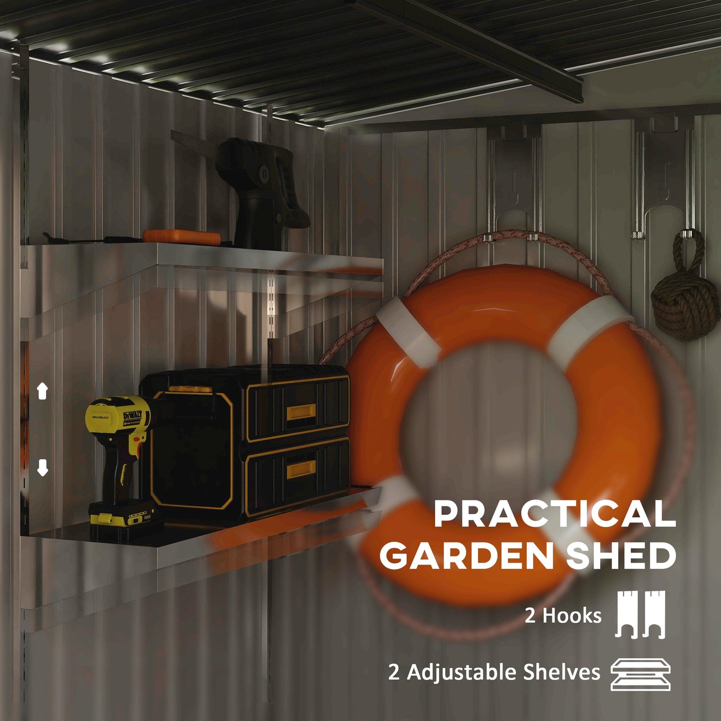 7 x 5FT Galvanised Metal Garden Shed with Foundation, Lean to Shed, Tool Storage House with Sliding Doors, 2 Vents, Adjustable Shelves and Hooks, Green