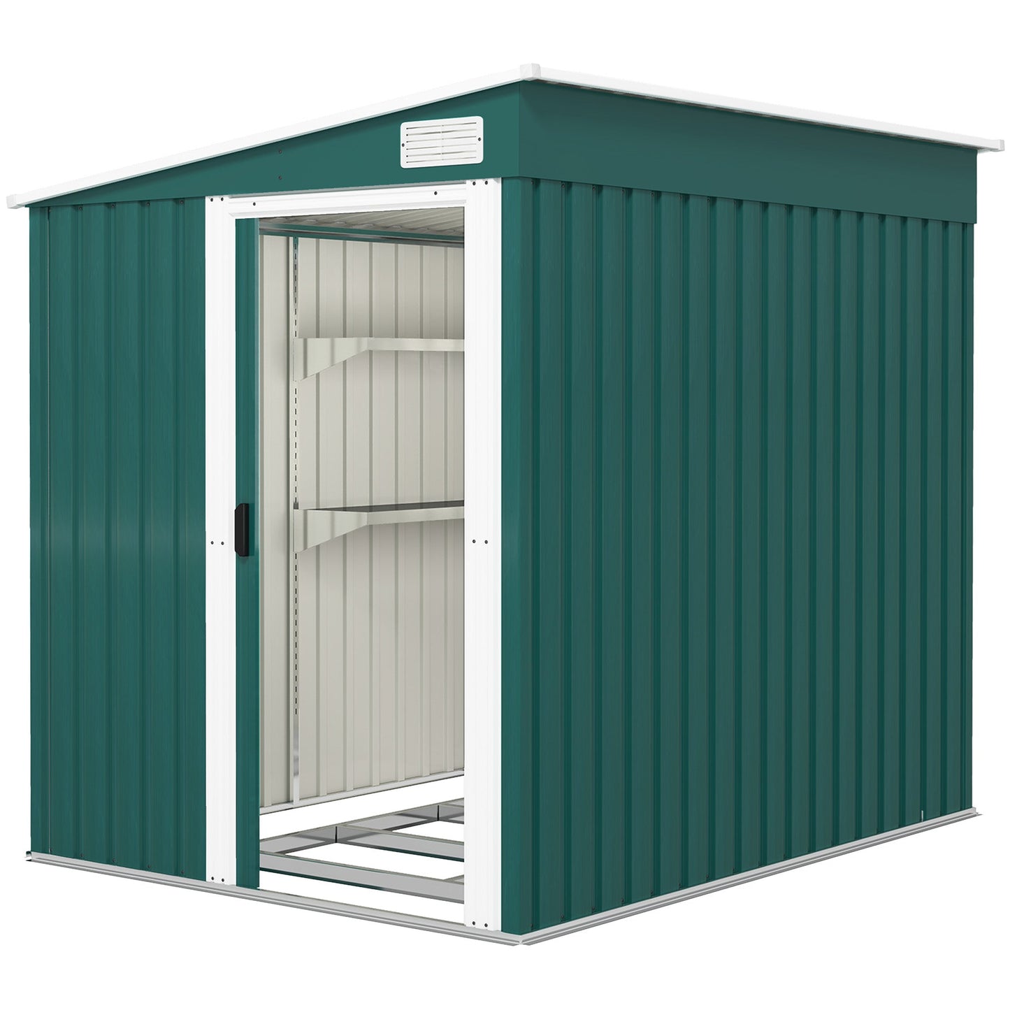7 x 5FT Galvanised Metal Garden Shed with Foundation, Lean to Shed, Tool Storage House with Sliding Doors, 2 Vents, Adjustable Shelves and Hooks, Green