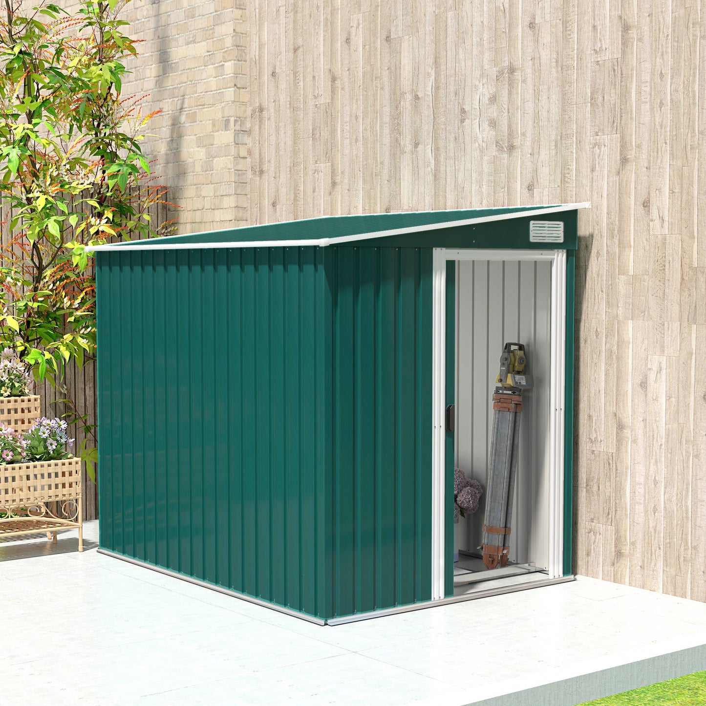 7 x 5FT Galvanised Metal Garden Shed with Foundation, Lean to Shed, Tool Storage House with Sliding Doors, 2 Vents, Adjustable Shelves and Hooks, Green
