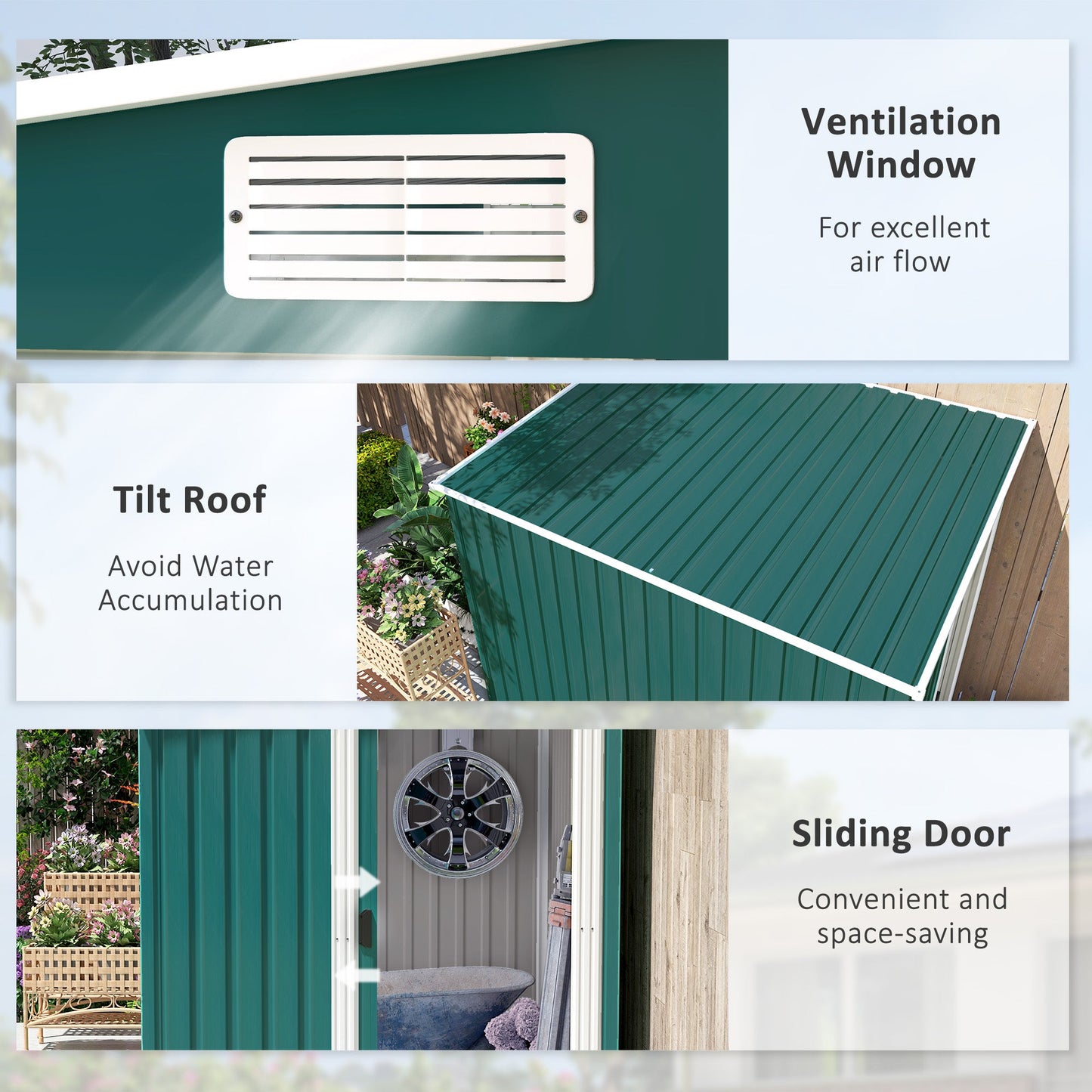 7 x 5FT Galvanised Metal Garden Shed with Foundation, Lean to Shed, Tool Storage House with Sliding Doors, 2 Vents, Adjustable Shelves and Hooks, Green