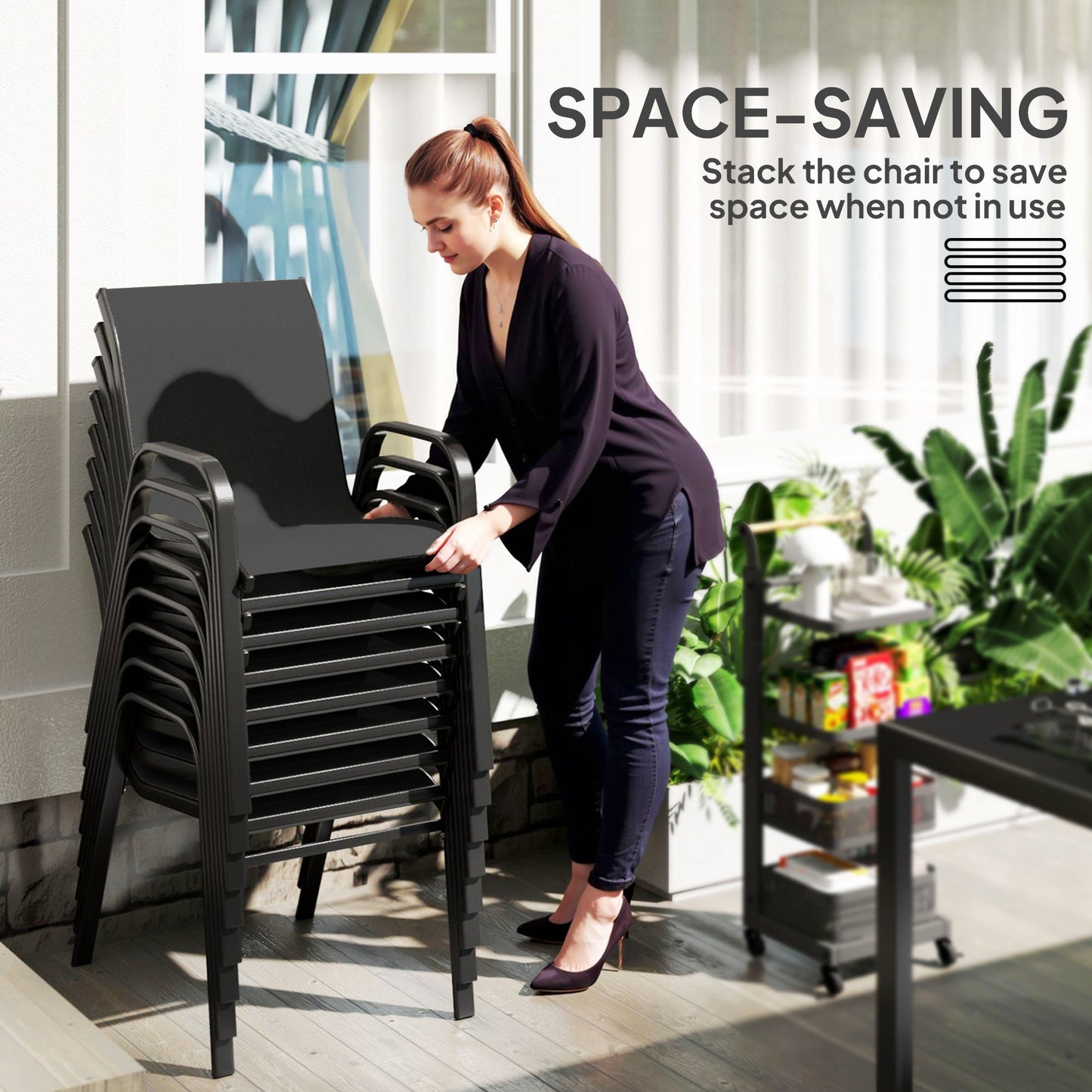 8 Seater Garden Dining Set with Stacking Chairs, Rectangular Tempered Glass Top, Garden Furniture Set, Outdoor Dining Table and Chairs for Patio, Balcony, Poolside, Black