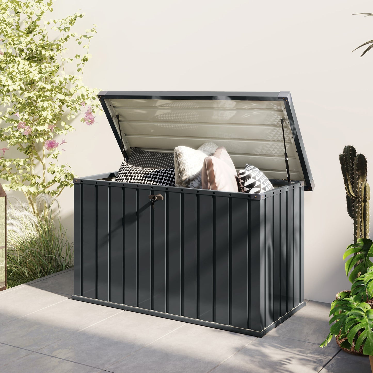 400L Garden Storage Box Waterproof Metal Outdoor Storage Box with Lockable Lid, Storage Container Furniture Deck Box, 124 x 66 x 72 cm, Dark Grey