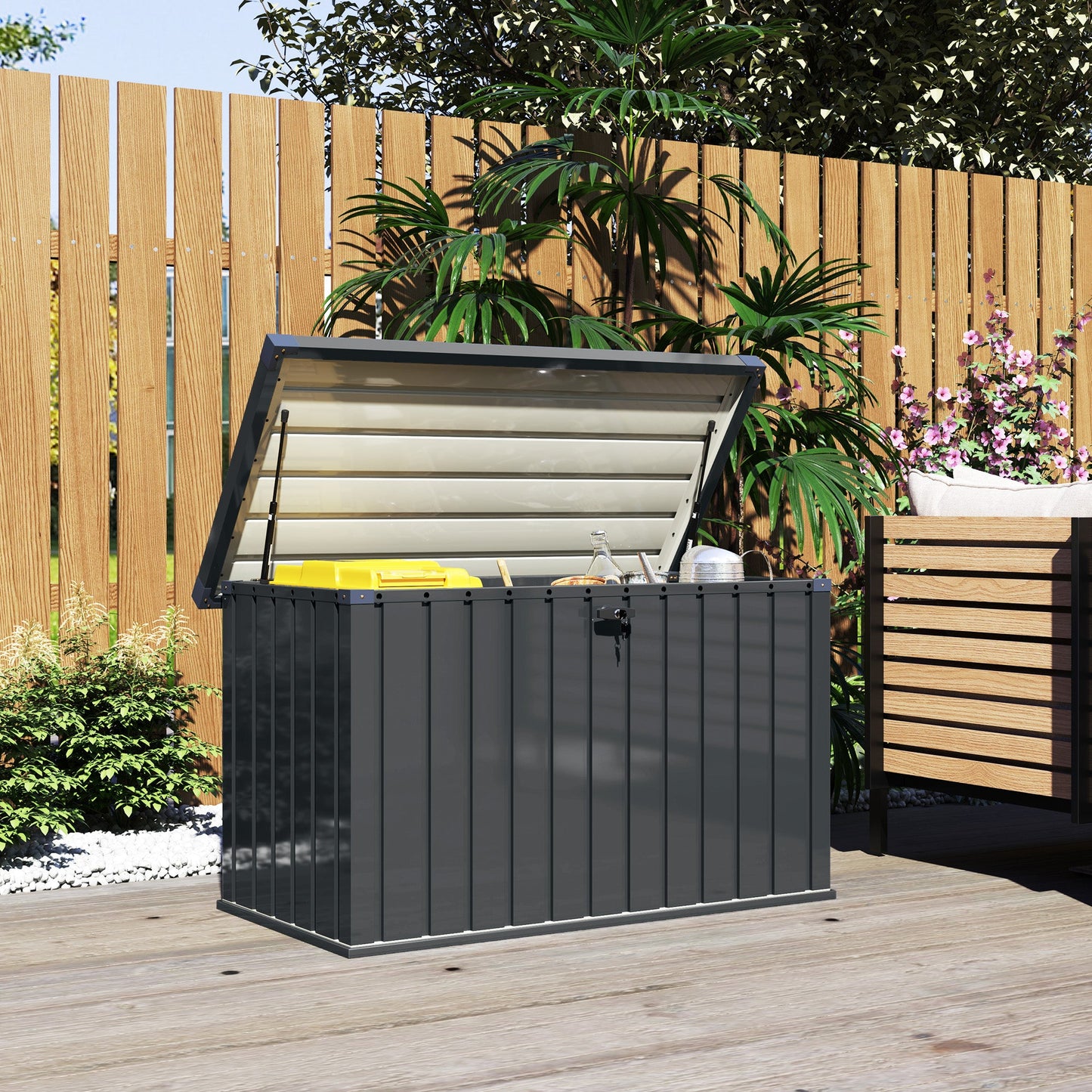 400L Garden Storage Box Waterproof Metal Outdoor Storage Box with Lockable Lid, Storage Container Furniture Deck Box, 124 x 66 x 72 cm, Dark Grey