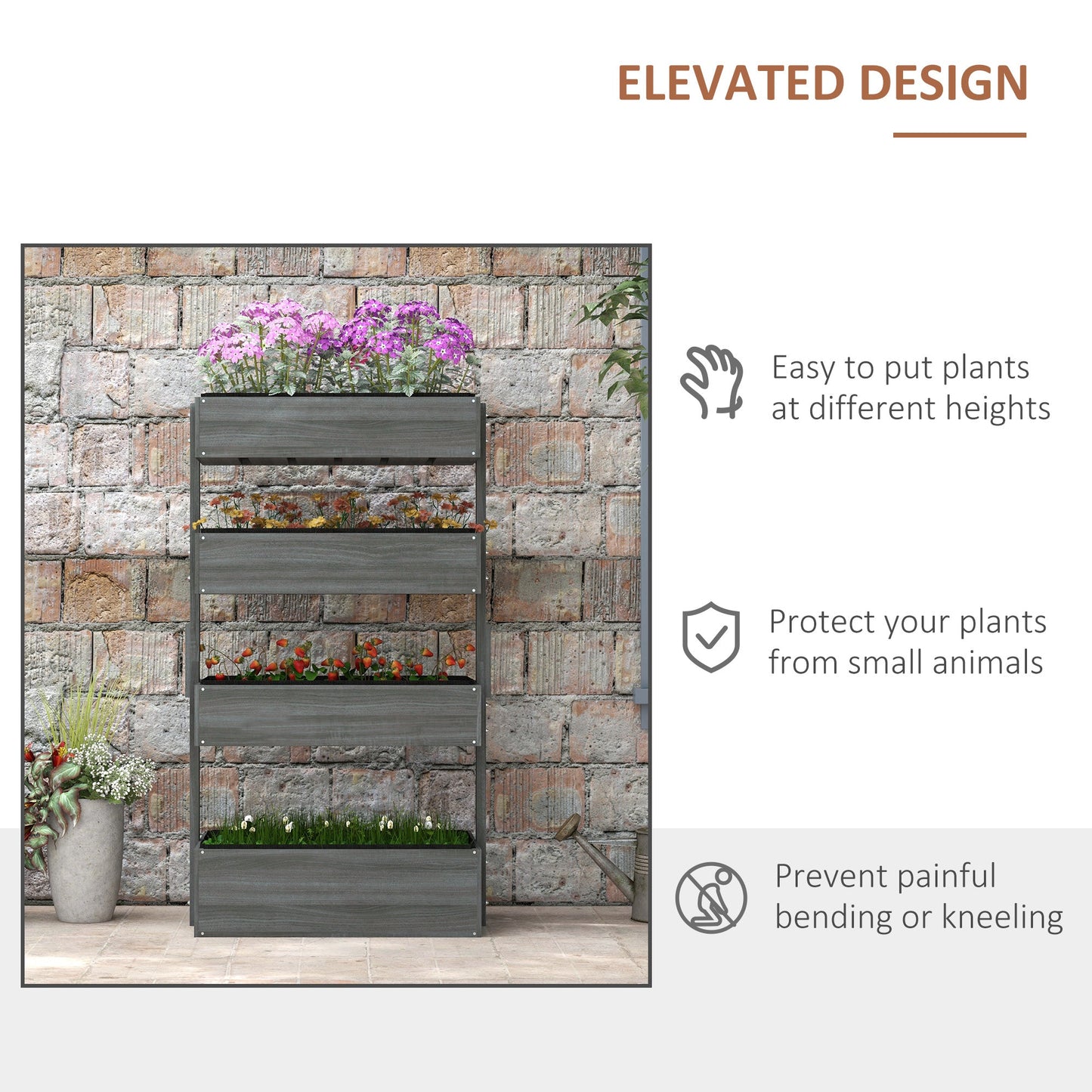 80cm x 45cm x 142cm 4-Tier Raised Garden Bed, Fir Wood Vertical Planter Box, Freestanding Elevated Plant Stand for Indoor Outdoor Use, Grey