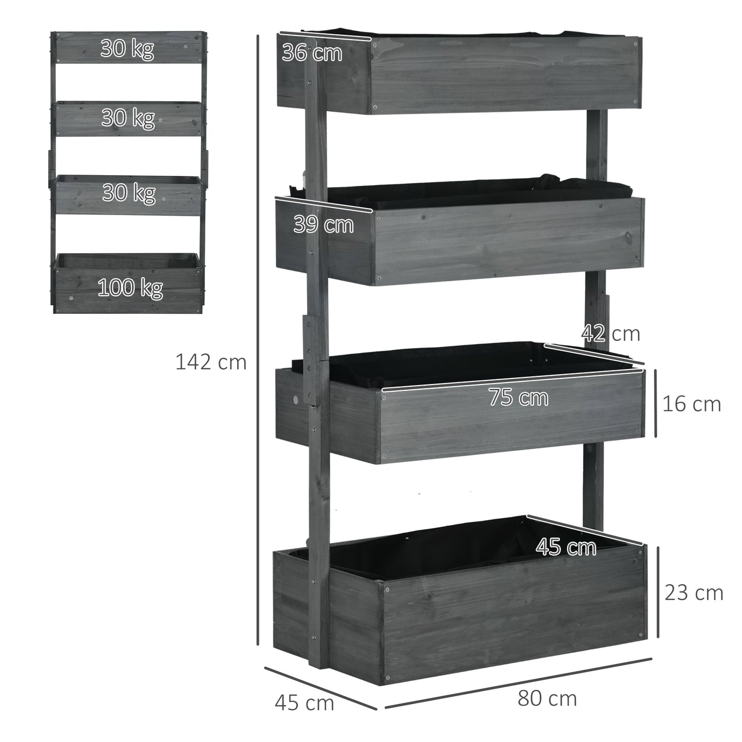 80cm x 45cm x 142cm 4-Tier Raised Garden Bed, Fir Wood Vertical Planter Box, Freestanding Elevated Plant Stand for Indoor Outdoor Use, Grey