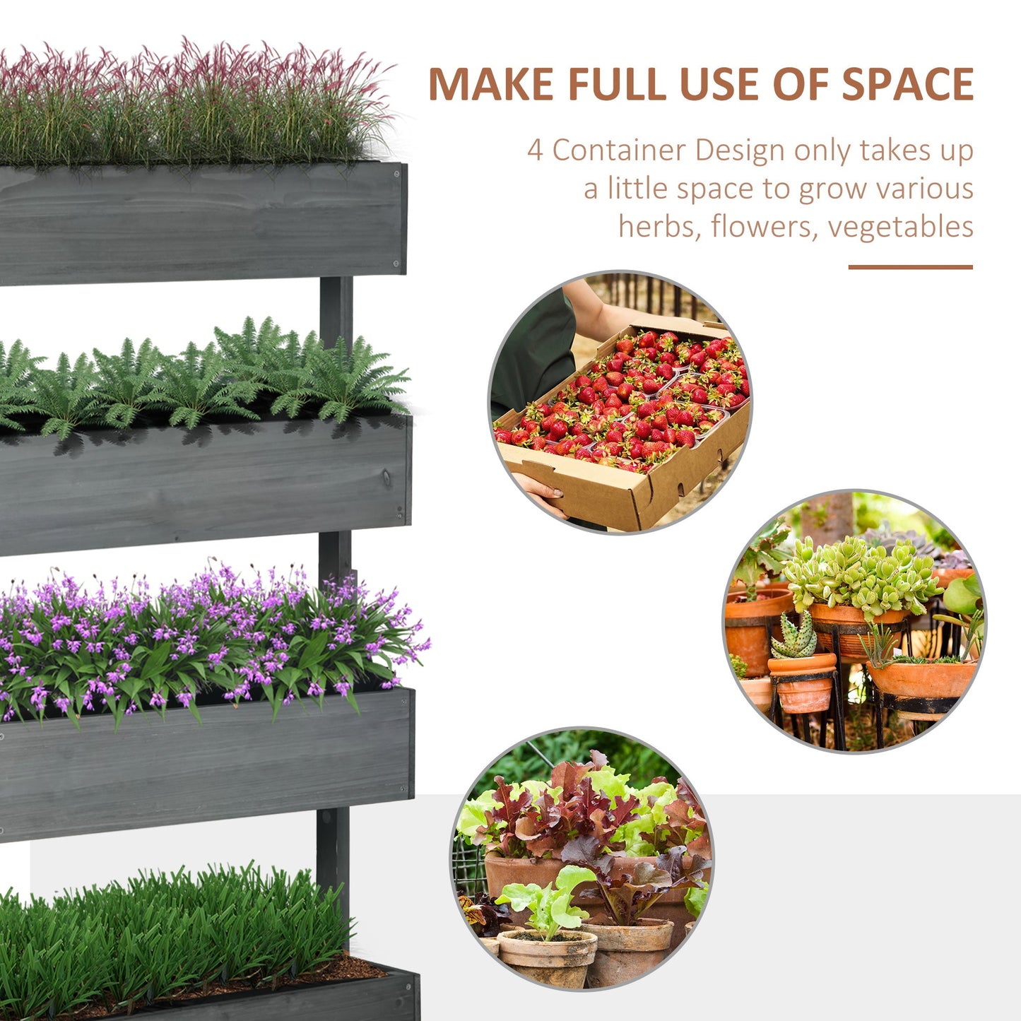 80cm x 45cm x 142cm 4-Tier Raised Garden Bed, Fir Wood Vertical Planter Box, Freestanding Elevated Plant Stand for Indoor Outdoor Use, Grey