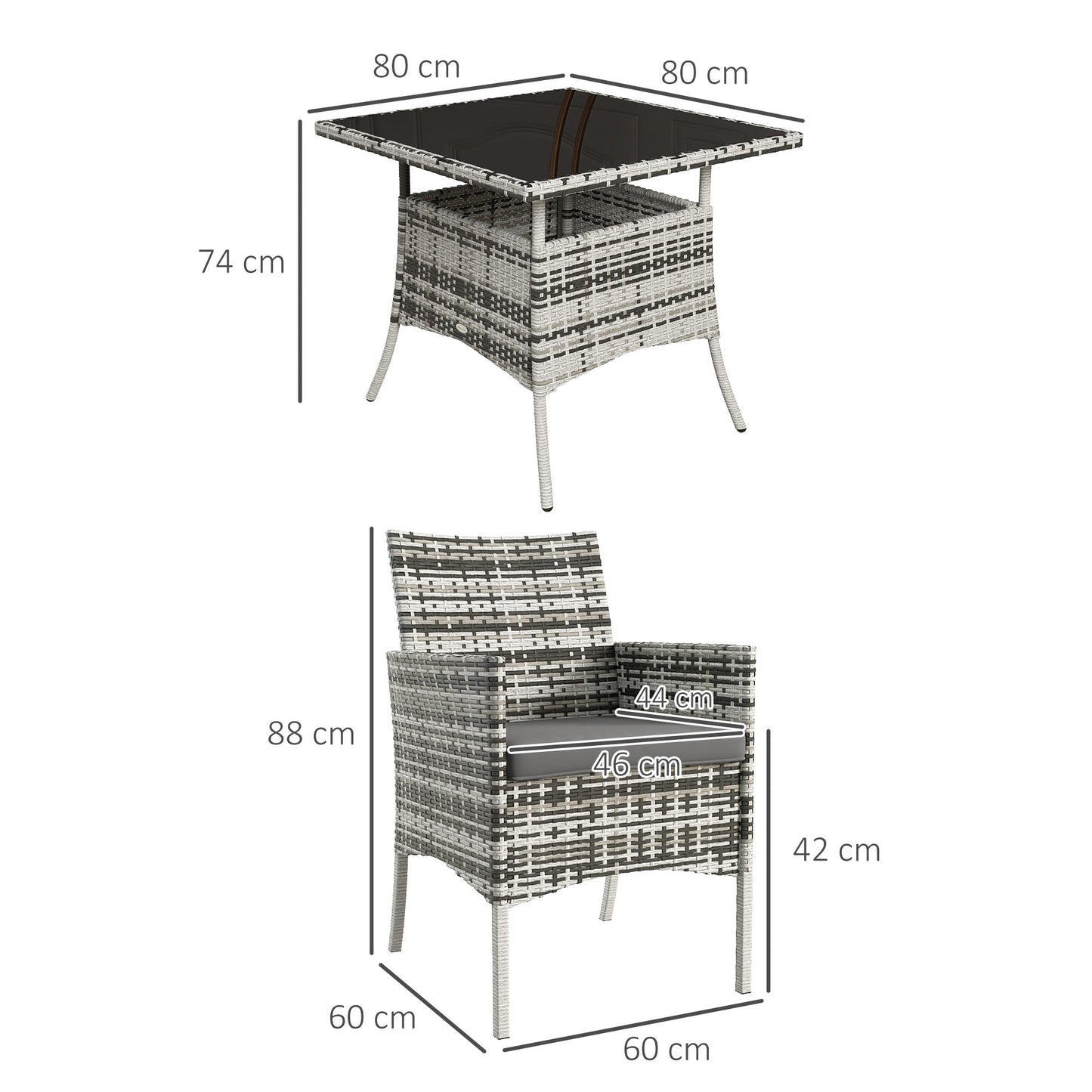 4 Seater Rattan Dining Set with Cushions, 5 Pieces Garden Dining Set with Glass Tabletop, PE Rattan Garden Furniture Set with Dining Table and Armchairs for Patio, Balcony, Mixed Grey