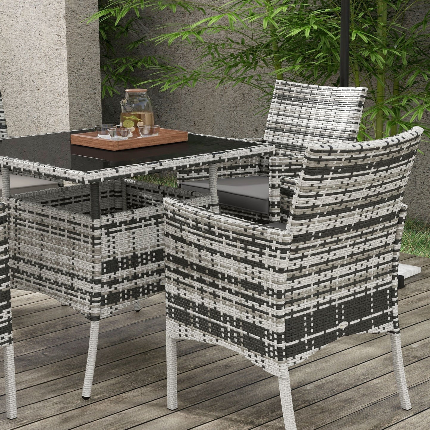 4 Seater Rattan Dining Set with Cushions, 5 Pieces Garden Dining Set with Glass Tabletop, PE Rattan Garden Furniture Set with Dining Table and Armchairs for Patio, Balcony, Mixed Grey