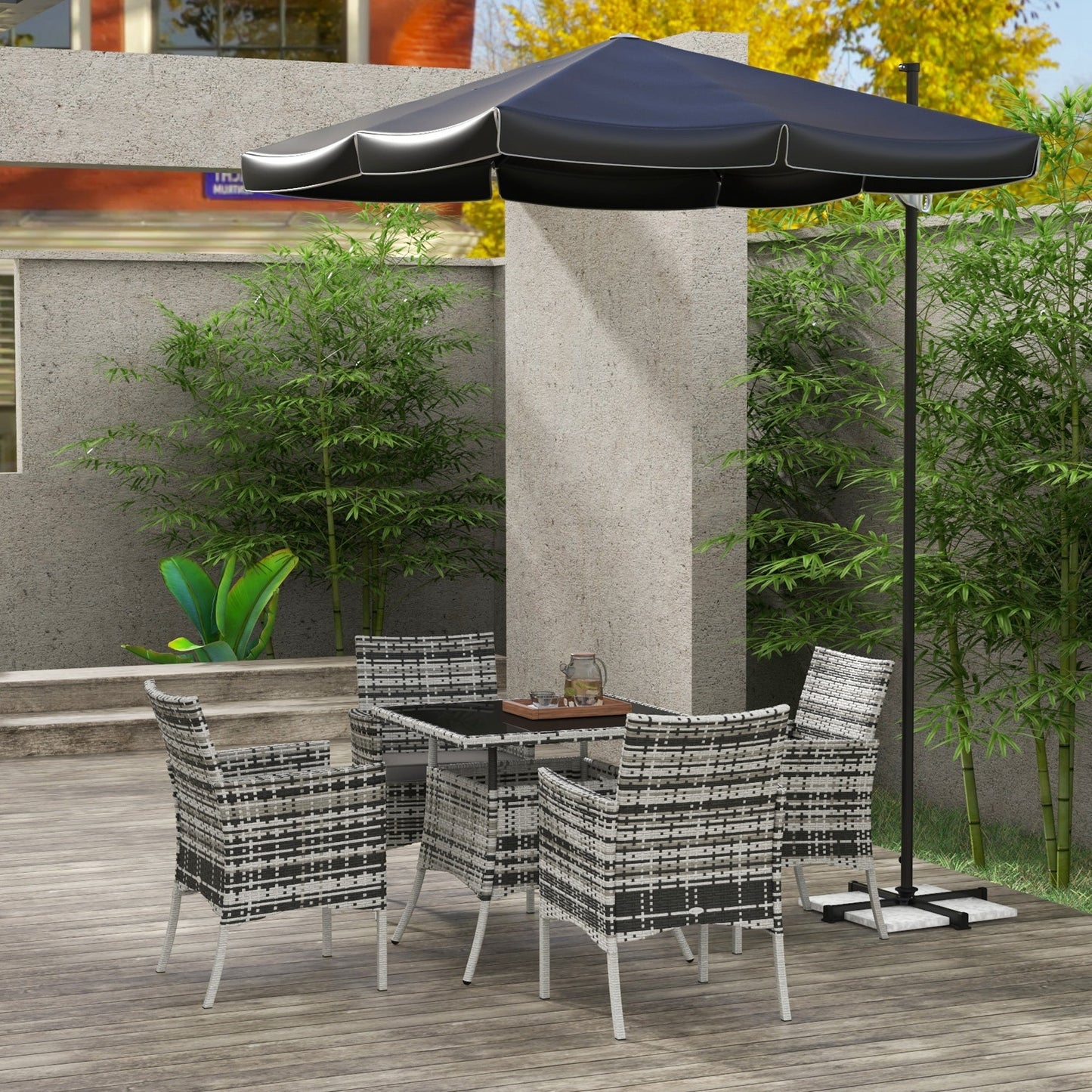 4 Seater Rattan Dining Set with Cushions, 5 Pieces Garden Dining Set with Glass Tabletop, PE Rattan Garden Furniture Set with Dining Table and Armchairs for Patio, Balcony, Mixed Grey