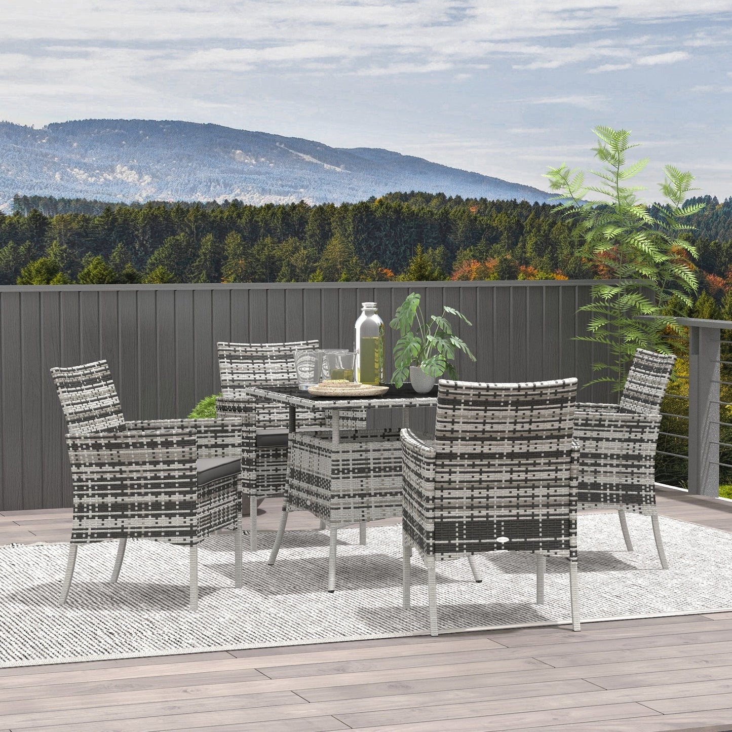 4 Seater Rattan Dining Set with Cushions, 5 Pieces Garden Dining Set with Glass Tabletop, PE Rattan Garden Furniture Set with Dining Table and Armchairs for Patio, Balcony, Mixed Grey