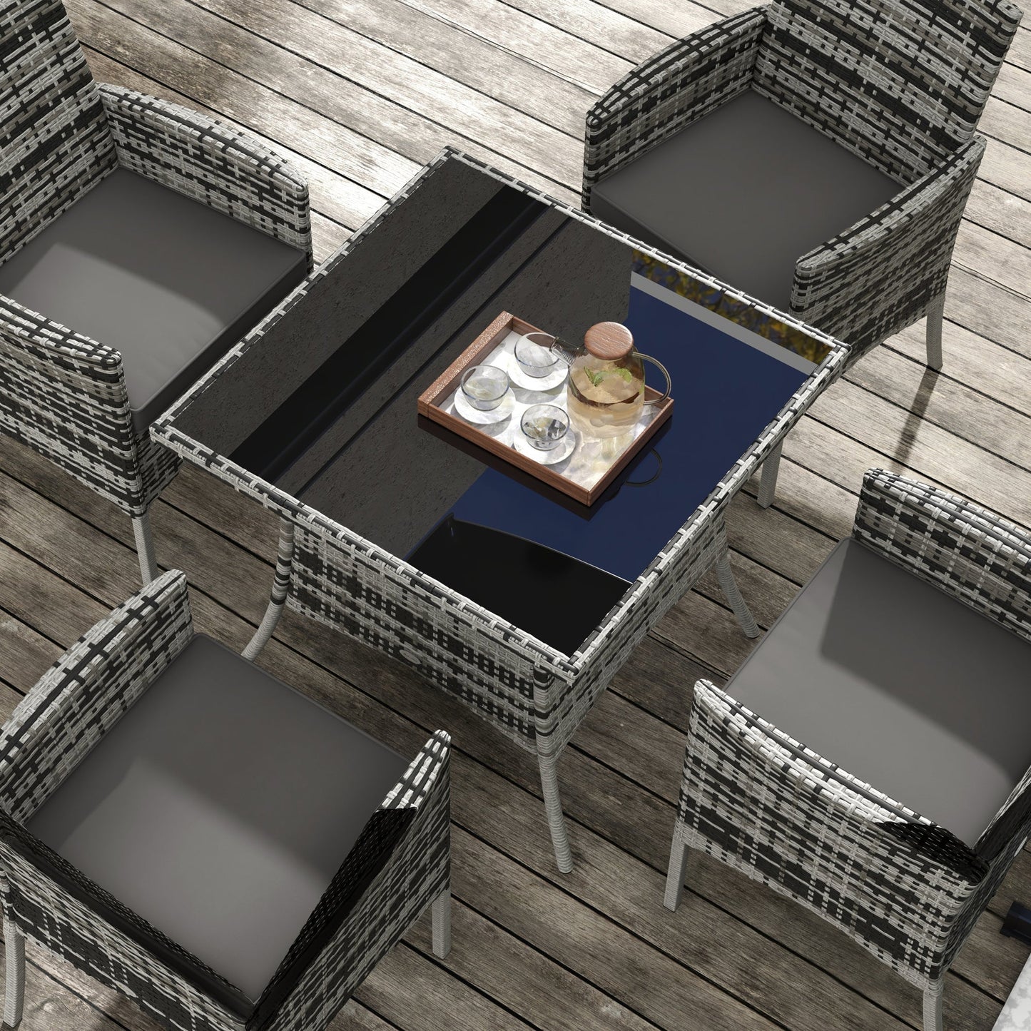 4 Seater Rattan Dining Set with Cushions, 5 Pieces Garden Dining Set with Glass Tabletop, PE Rattan Garden Furniture Set with Dining Table and Armchairs for Patio, Balcony, Mixed Grey
