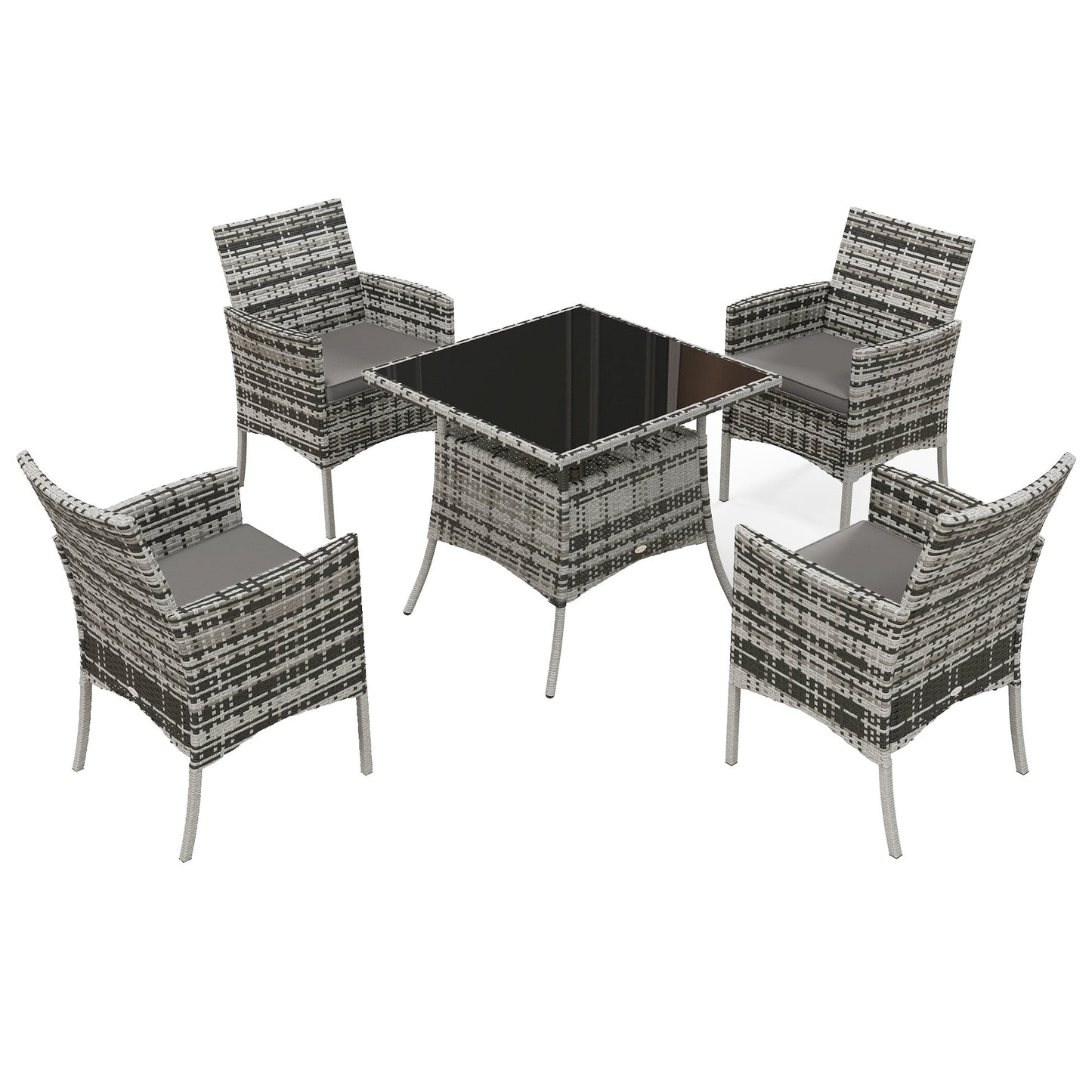4 Seater Rattan Dining Set with Cushions, 5 Pieces Garden Dining Set with Glass Tabletop, PE Rattan Garden Furniture Set with Dining Table and Armchairs for Patio, Balcony, Mixed Grey