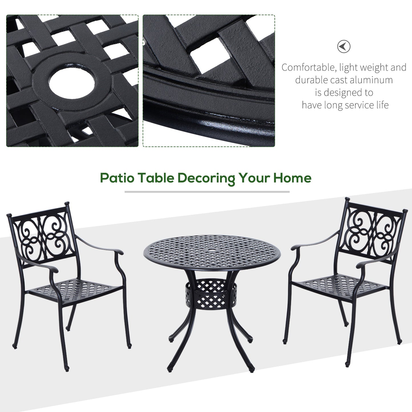 85cm Round Garden Dining Table with 46.5mm Dia. Umbrella Hole, Cast Aluminium Outdoor Dining Table, Grid Motif Outdoor Table for Garden, Patio, Porch, Black