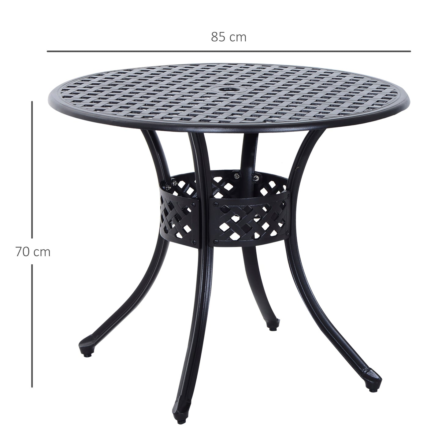 85cm Round Garden Dining Table with 46.5mm Dia. Umbrella Hole, Cast Aluminium Outdoor Dining Table, Grid Motif Outdoor Table for Garden, Patio, Porch, Black