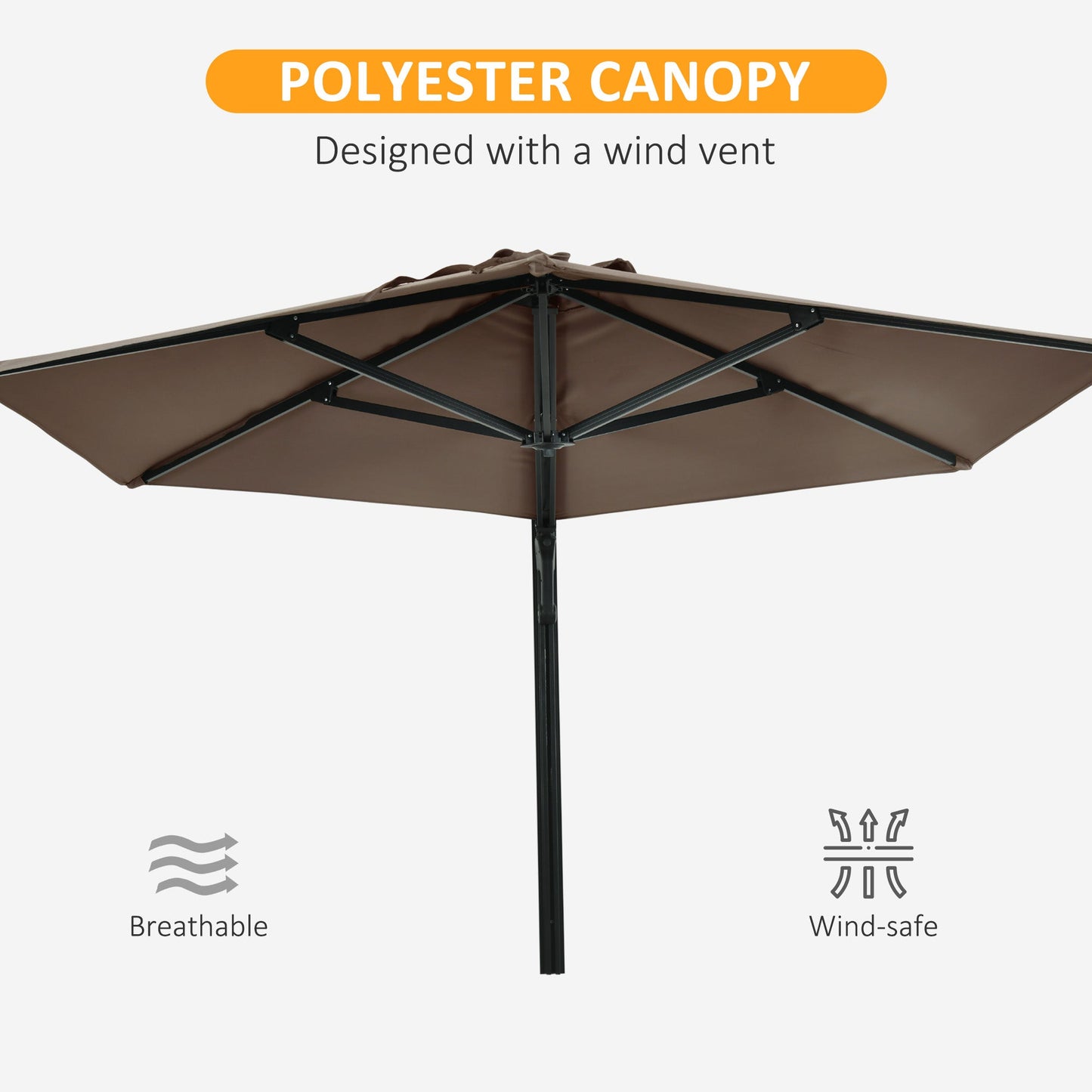 2.5m Wall Mounted Parasol, Hand to Push Outdoor Patio Umbrella with 180 Degree Rotatable Canopy for Porch, Deck, Garden, 250 cm, Khaki
