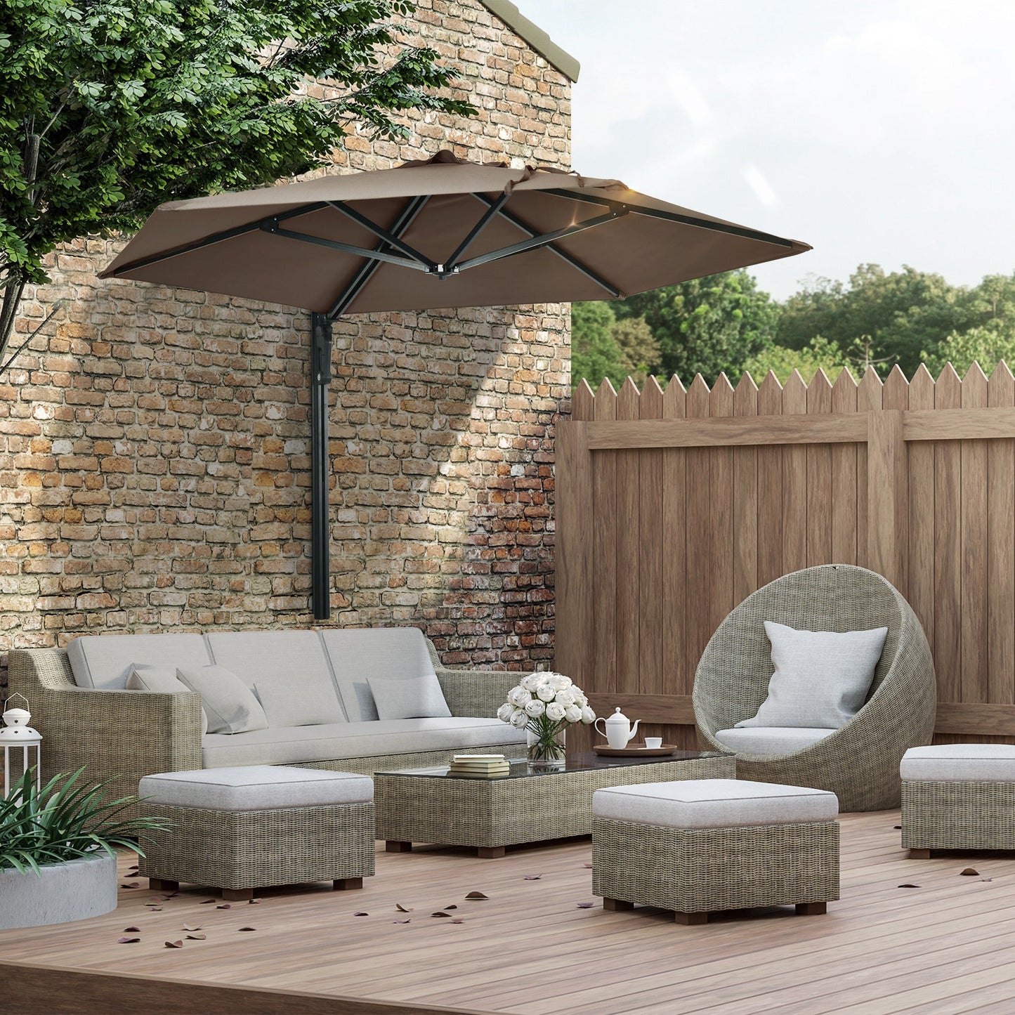 2.5m Wall Mounted Parasol, Hand to Push Outdoor Patio Umbrella with 180 Degree Rotatable Canopy for Porch, Deck, Garden, 250 cm, Khaki