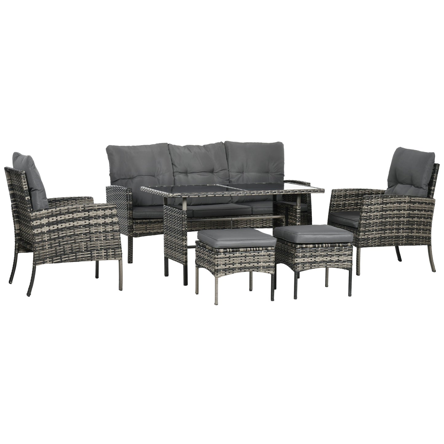 5 Seater Rattan Garden Furniture Set, 2 Armchairs, 3-Seater Wicker Sofa, 2 Footstools and Glass Table, 6 Piece Patio Rattan furniture Sofa Sets with Cushions for Conservatory, Mixed Grey