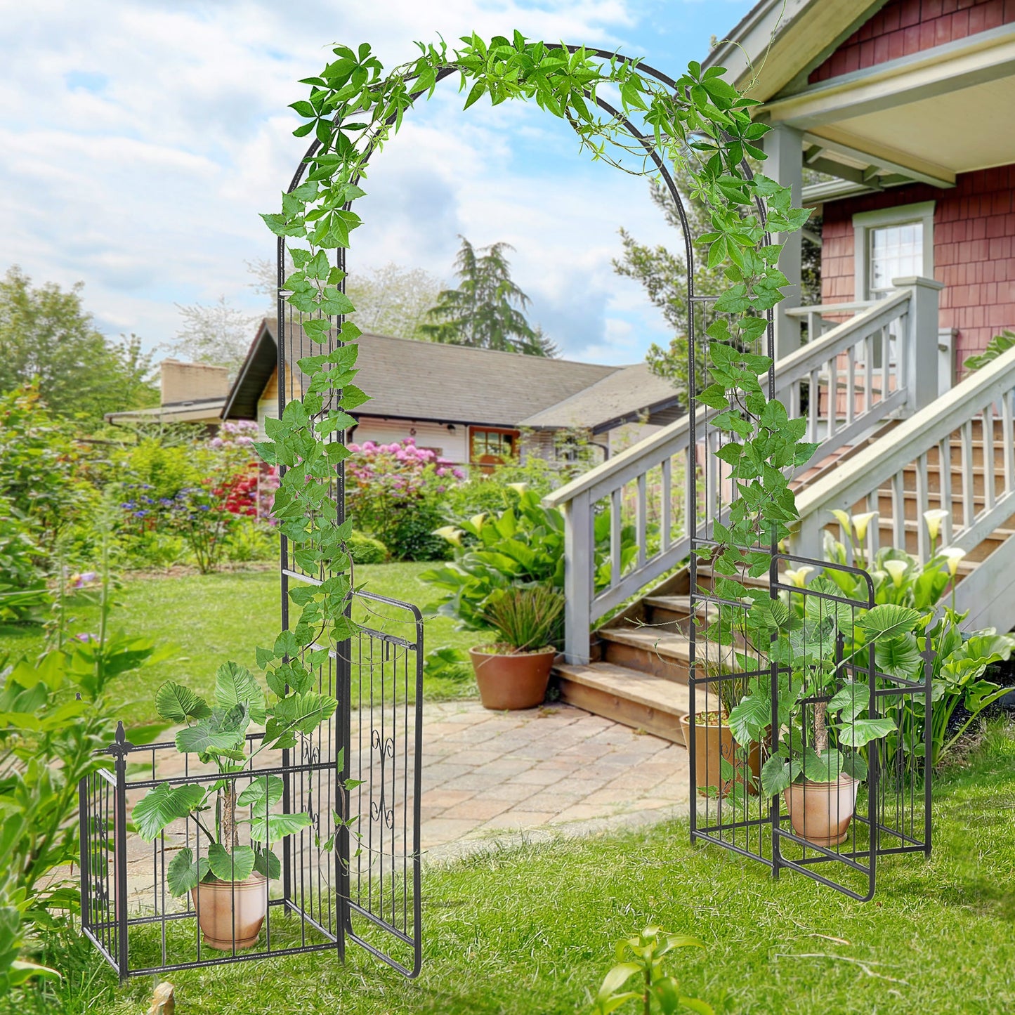 Metal Garden Arbor Arch with Double Doors, 2 Side Planter Baskets, Climbing Vine Frame, Black