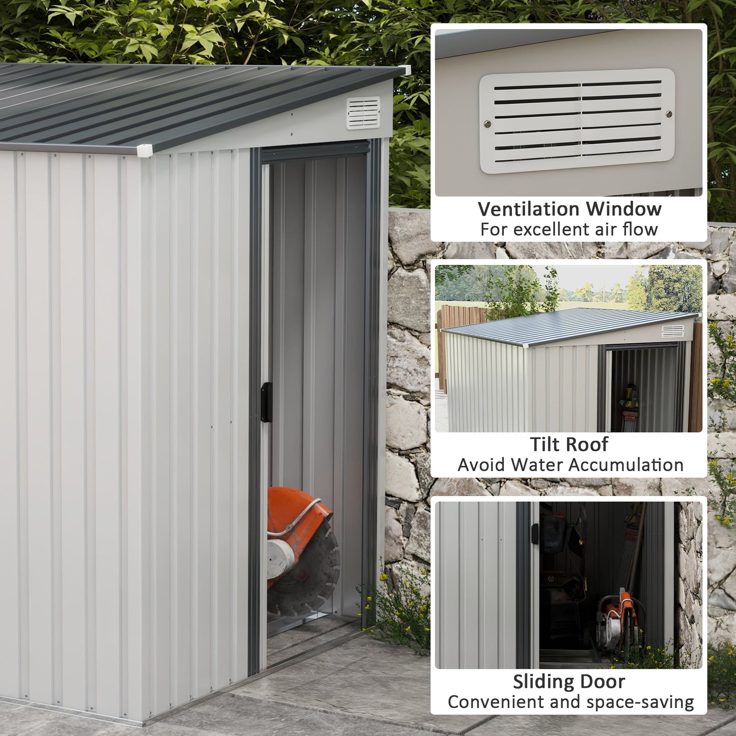 7 x 5FT Galvanised Metal Garden Shed with Foundation, Lean to Shed, Tool Storage House with Sliding Doors, 2 Vents, Adjustable Shelves and Hooks, White