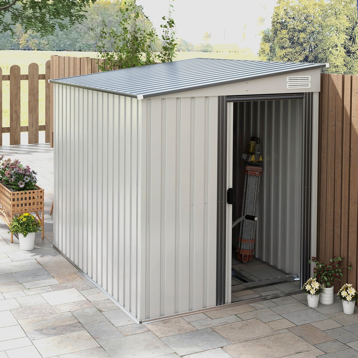 7 x 5FT Galvanised Metal Garden Shed with Foundation, Lean to Shed, Tool Storage House with Sliding Doors, 2 Vents, Adjustable Shelves and Hooks, White