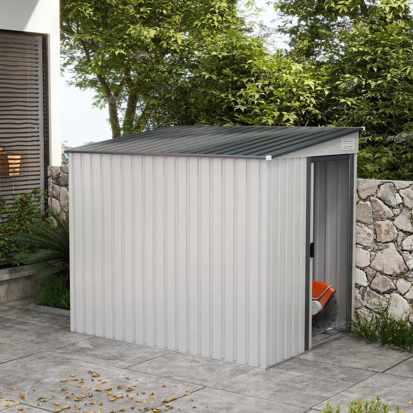 7 x 5FT Galvanised Metal Garden Shed with Foundation, Lean to Shed, Tool Storage House with Sliding Doors, 2 Vents, Adjustable Shelves and Hooks, White