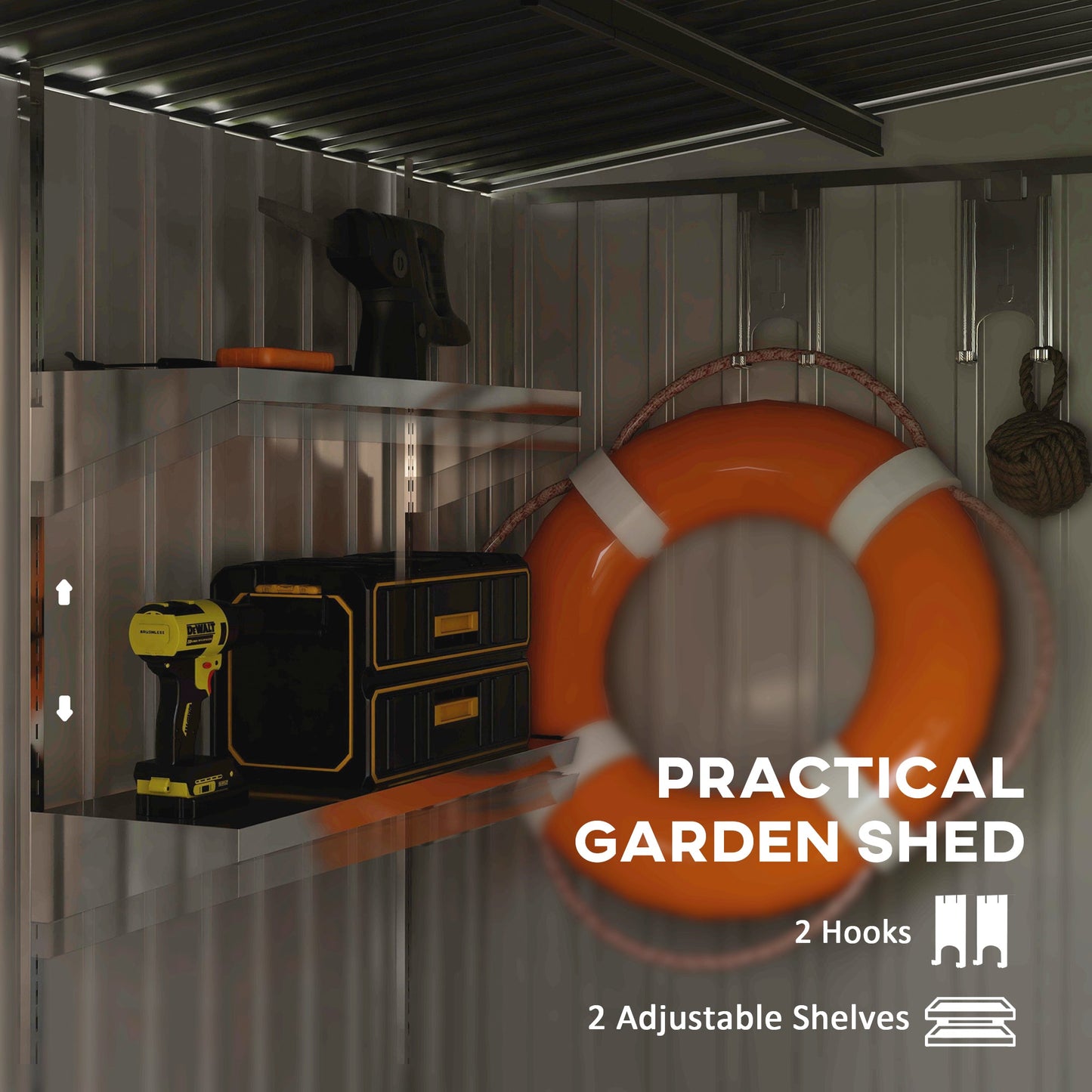 7 x 5FT Galvanised Metal Garden Shed with Foundation, Lean to Shed, Tool Storage House with Sliding Doors, 2 Vents, Adjustable Shelves and Hooks, White