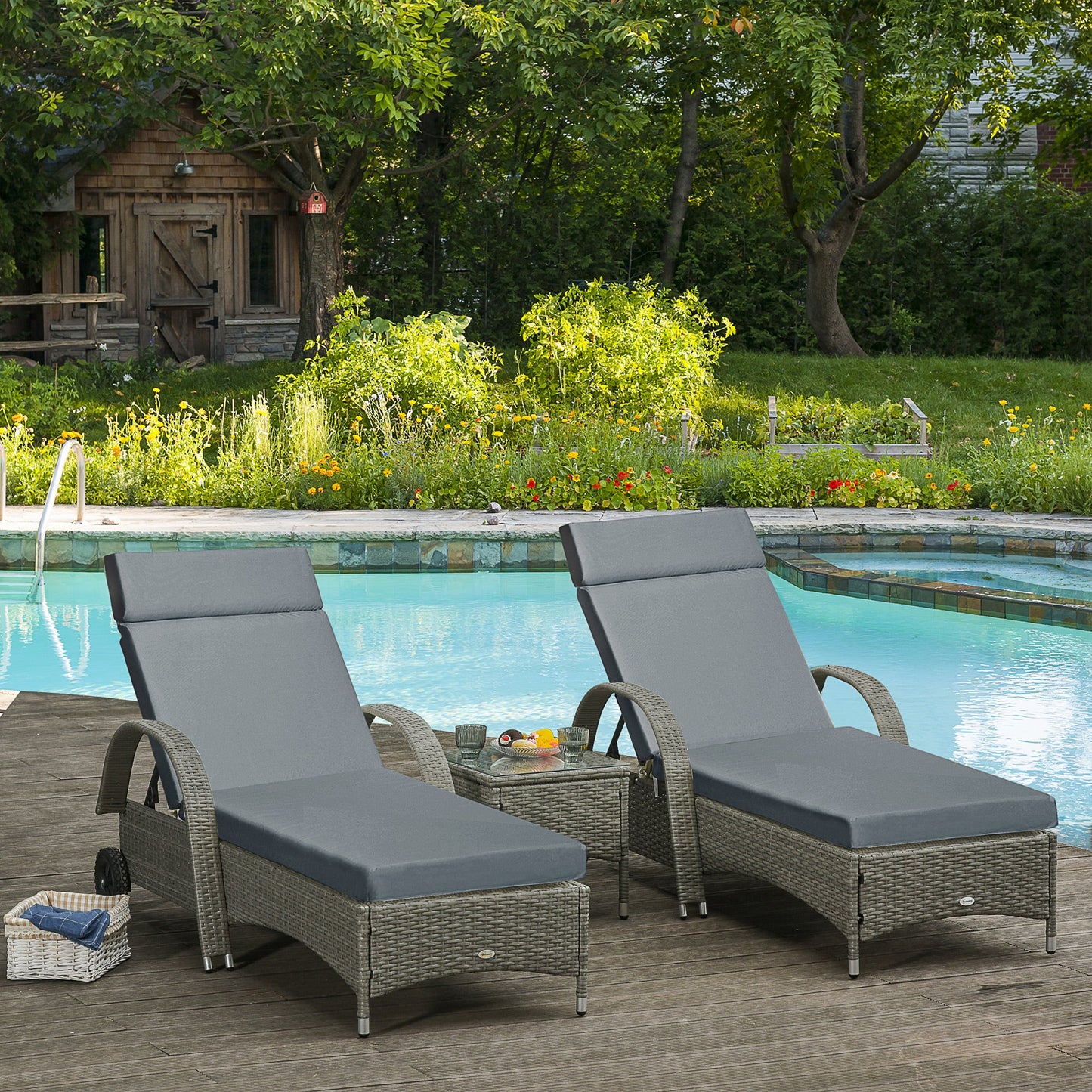 Set of 2 Sun Lounger Cushions, Replacement Cushions for Rattan Furniture with Ties, 196 x 55 cm, Dark Grey