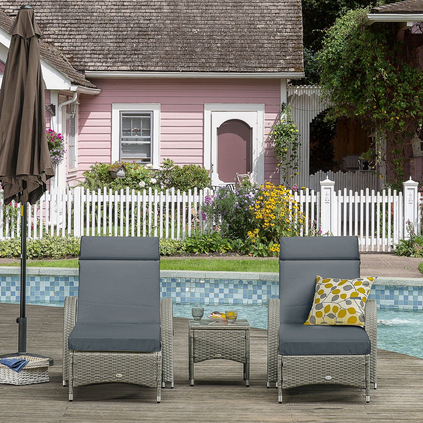 Set of 2 Sun Lounger Cushions, Replacement Cushions for Rattan Furniture with Ties, 196 x 55 cm, Dark Grey