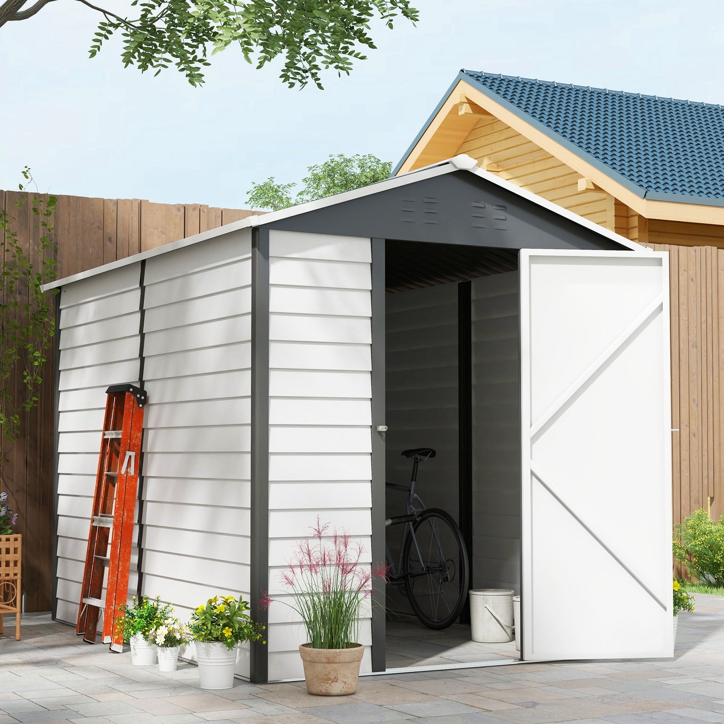 9 x 6FT Galvanised Metal Garden Shed, Outdoor Storage Shed with Sloped Roof, Lockable Door, Tool Storage Shed for Yard, Patio, Lawn, Dark Grey