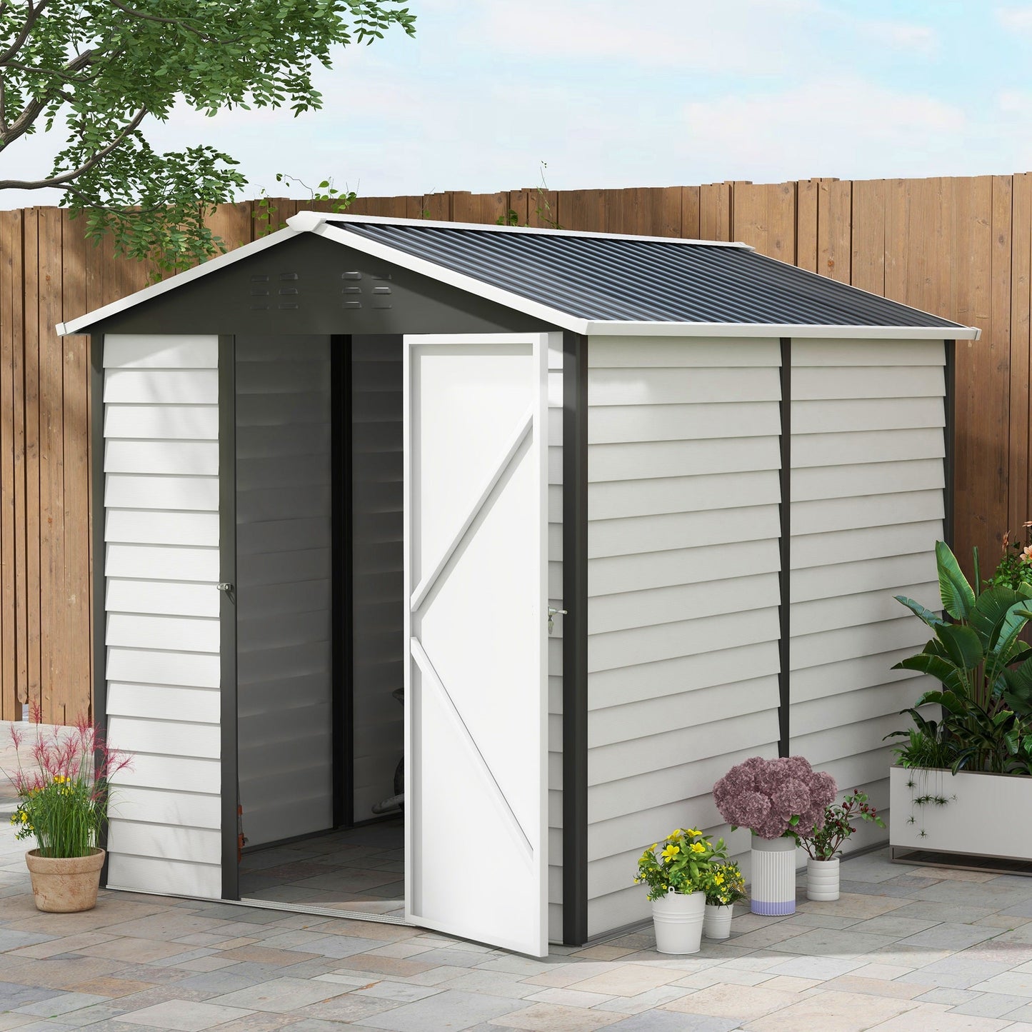 9 x 6FT Galvanised Metal Garden Shed, Outdoor Storage Shed with Sloped Roof, Lockable Door, Tool Storage Shed for Yard, Patio, Lawn, Dark Grey