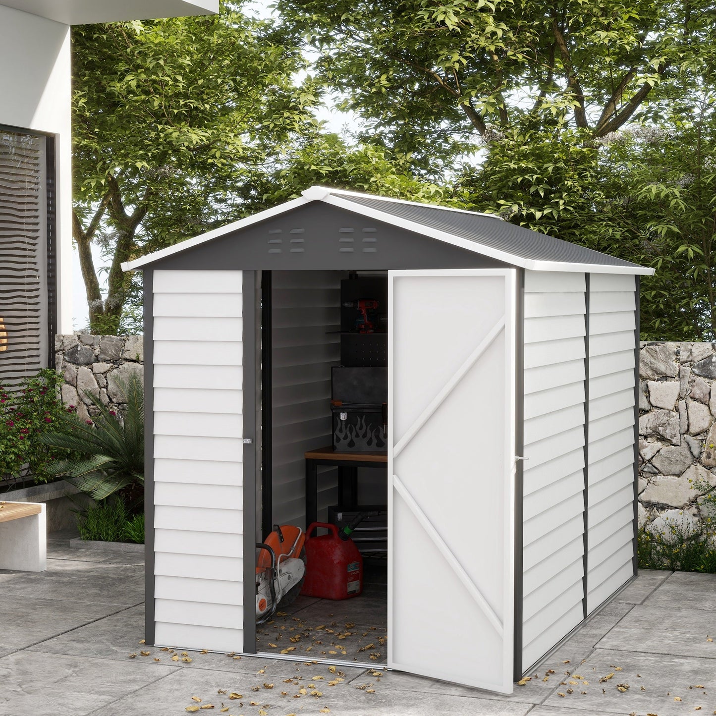 9 x 6FT Galvanised Metal Garden Shed, Outdoor Storage Shed with Sloped Roof, Lockable Door, Tool Storage Shed for Yard, Patio, Lawn, Dark Grey